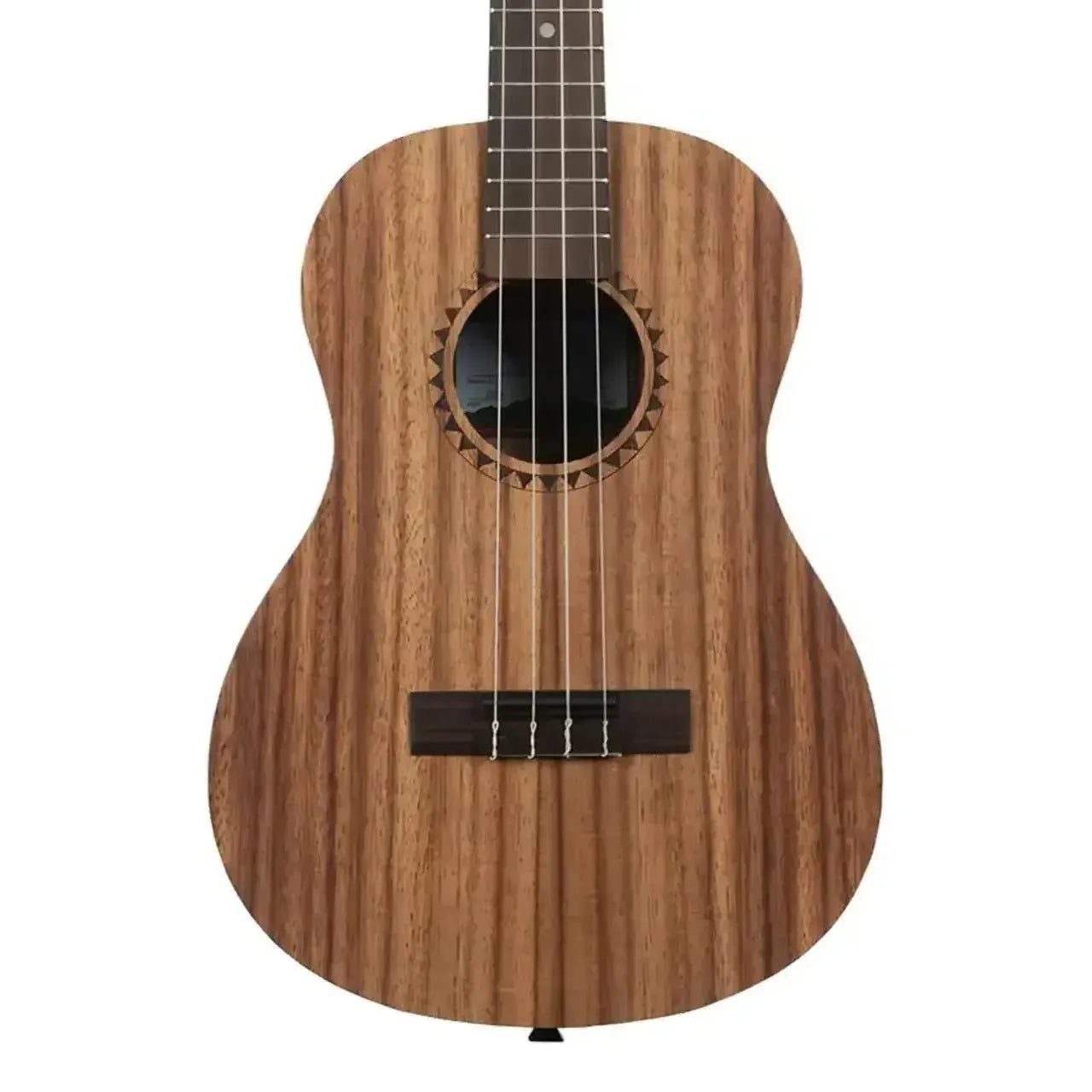 Kala Teak Baritone Ukulele with natural wood grain, dark fretboard, and decorative soundhole rosette.