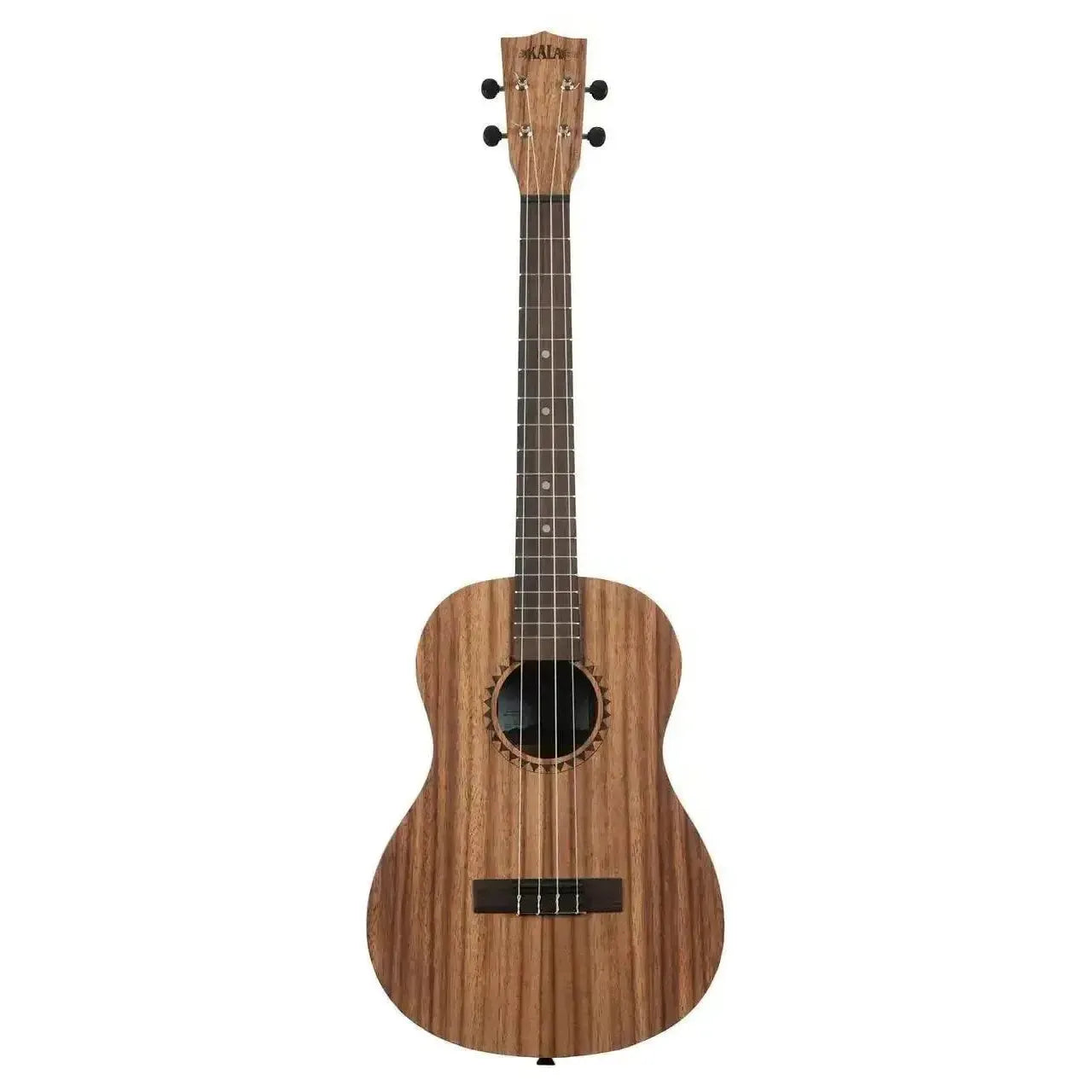 Kala Teak Baritone Ukulele with satin-finished teak wood, meranti neck, and black strings.