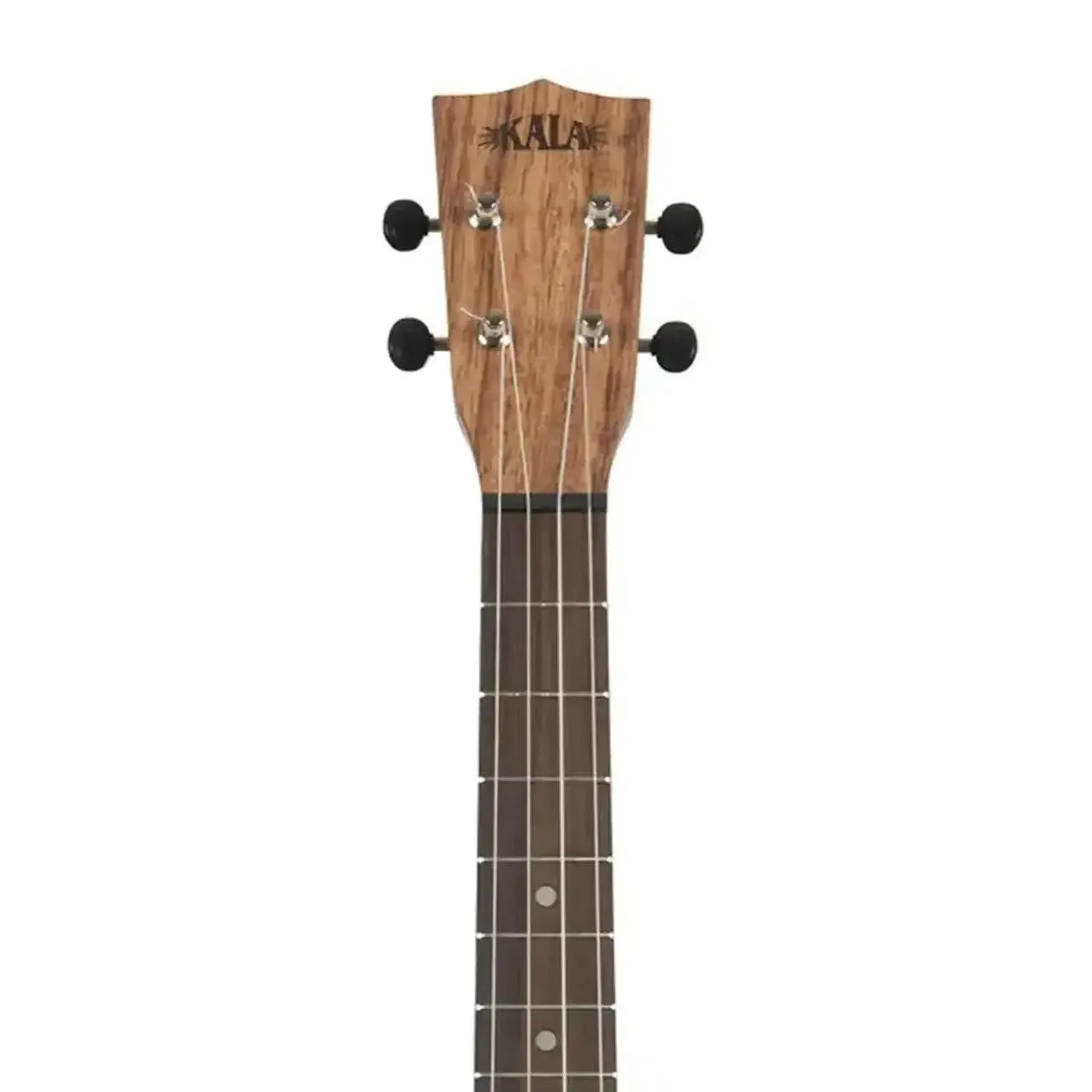 Kala Teak Baritone Ukulele headstock with black tuners, natural wood grain, and dark fingerboard.