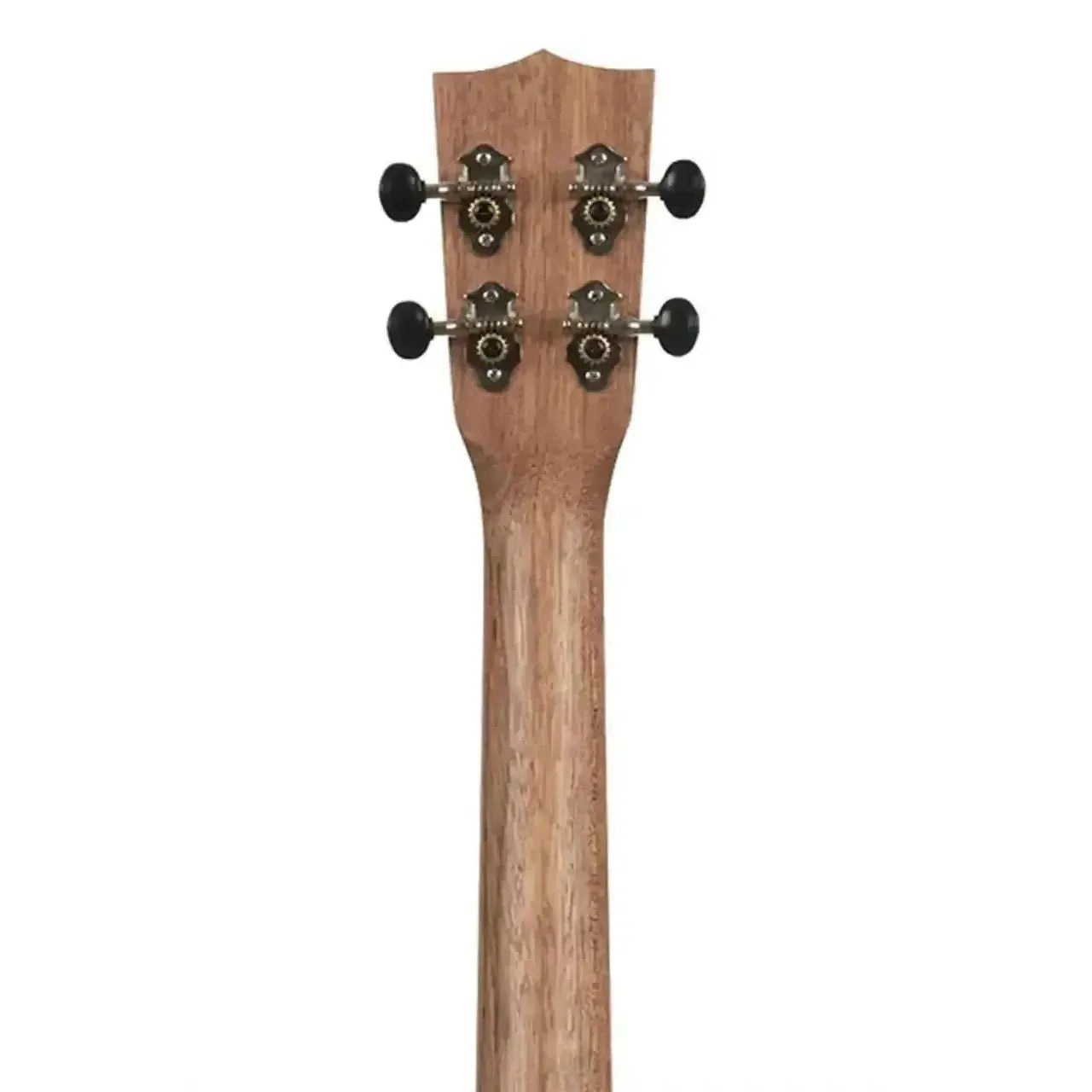 Back of Kala Teak Baritone Ukulele headstock and neck with chrome open-gear tuners.