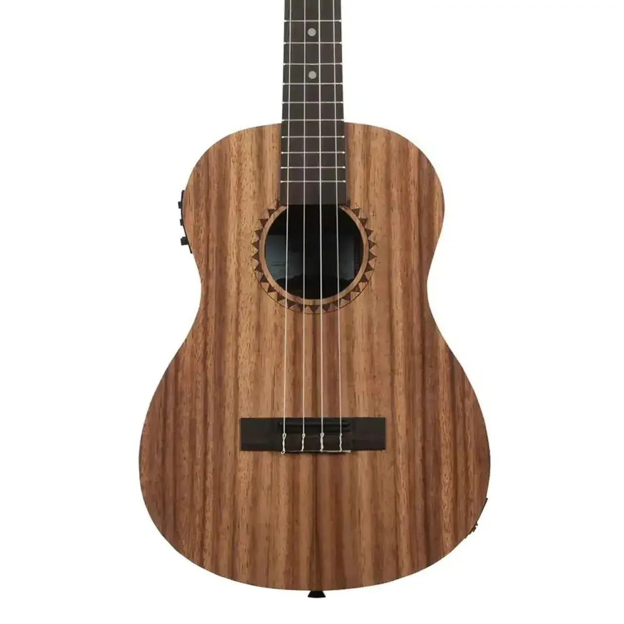 Kala TEAK-BE Teak Baritone Ukulele with EQ, natural wood grain, ornate soundhole rosette.