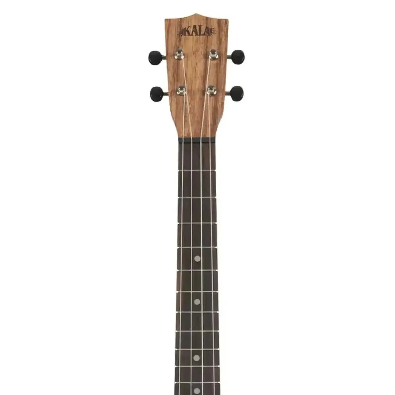 Kala TEAK-BE Teak Baritone Ukulele headstock and fretboard with black tuners.
