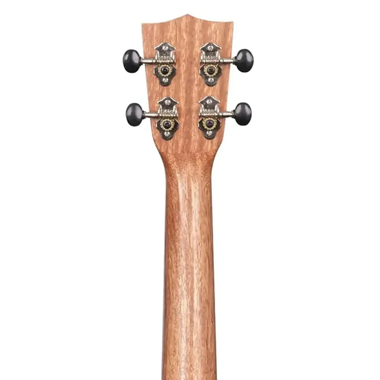Back of Kala Teak Concert Ukulele headstock and neck, showing chrome open gear tuners.