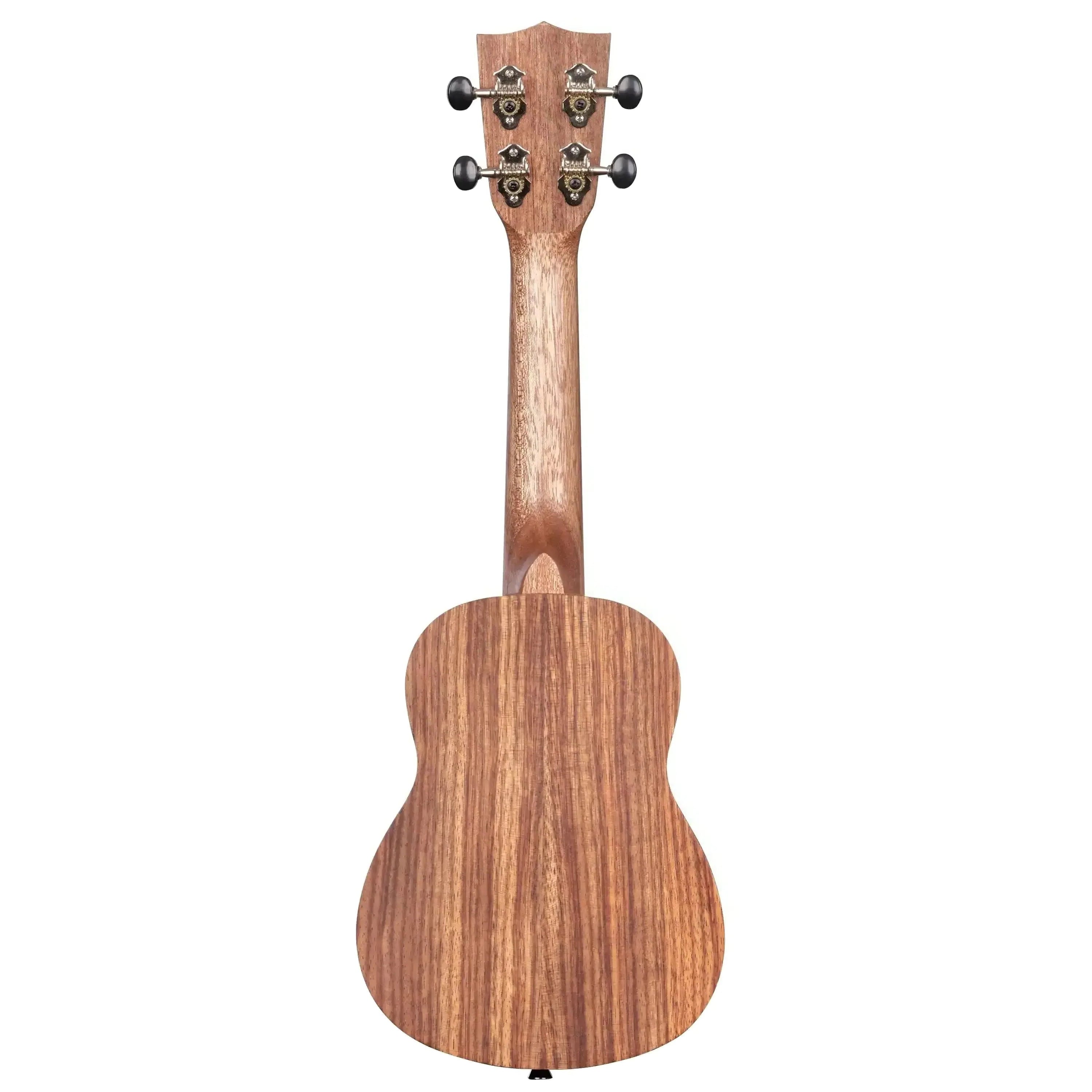 Kala TEAK-S Teak Soprano Ukulele, back view, showing soft brown wood grain and tuning pegs.
