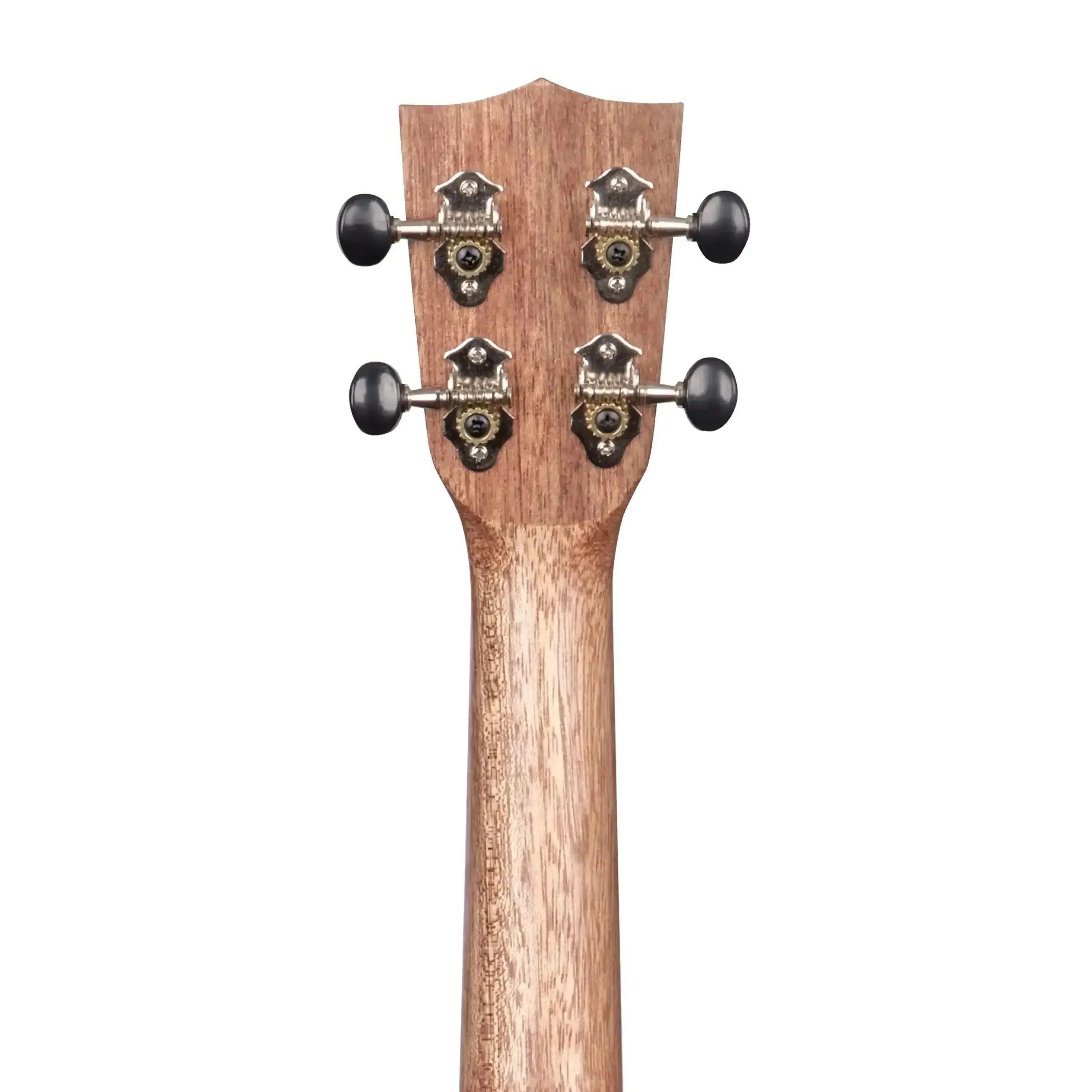 Kala Teak Soprano Ukulele headstock and neck, showing dark tuning pegs and natural wood grain.