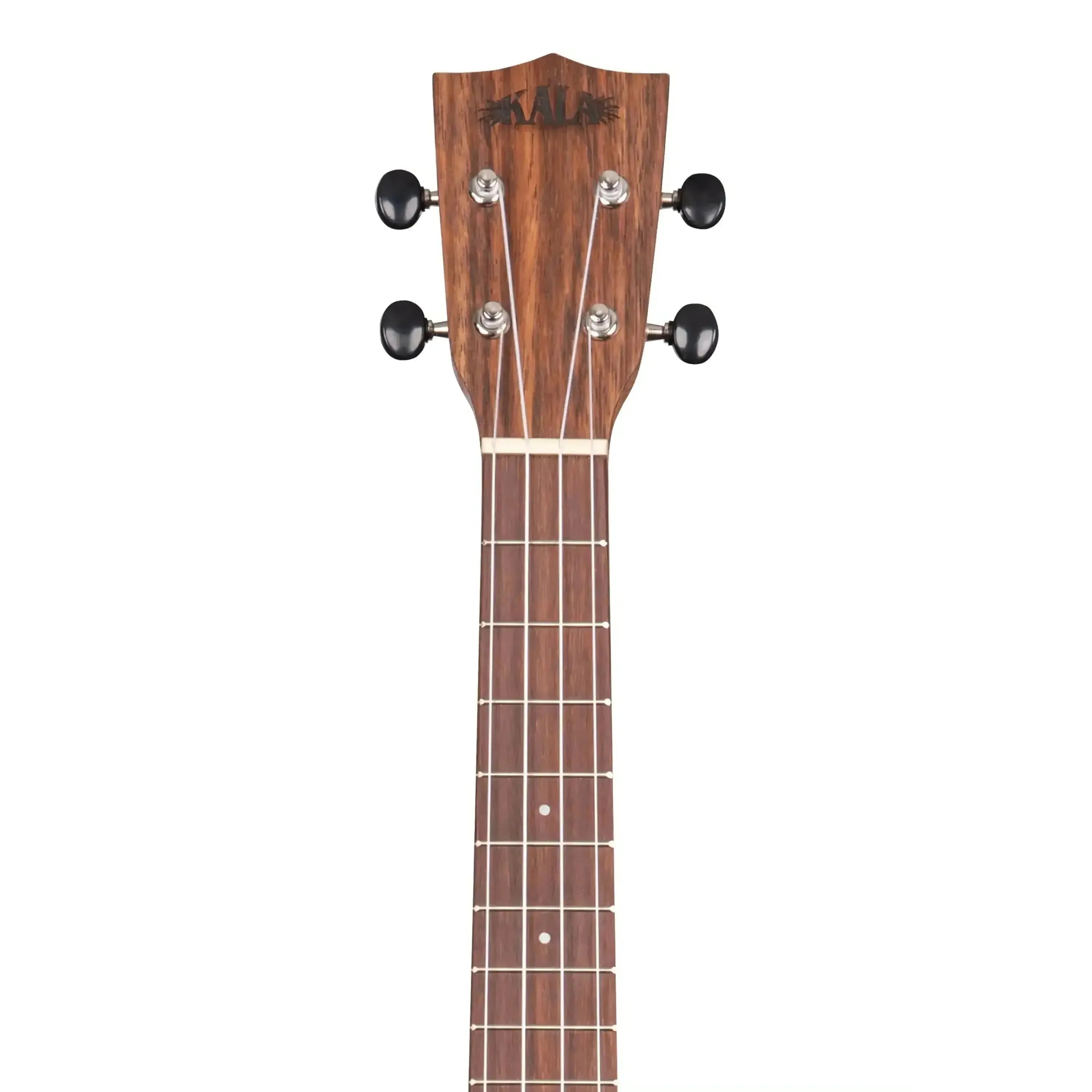 Kala TEAK-T Tenor Ukulele headstock and upper fretboard, featuring teak wood and black tuners.
