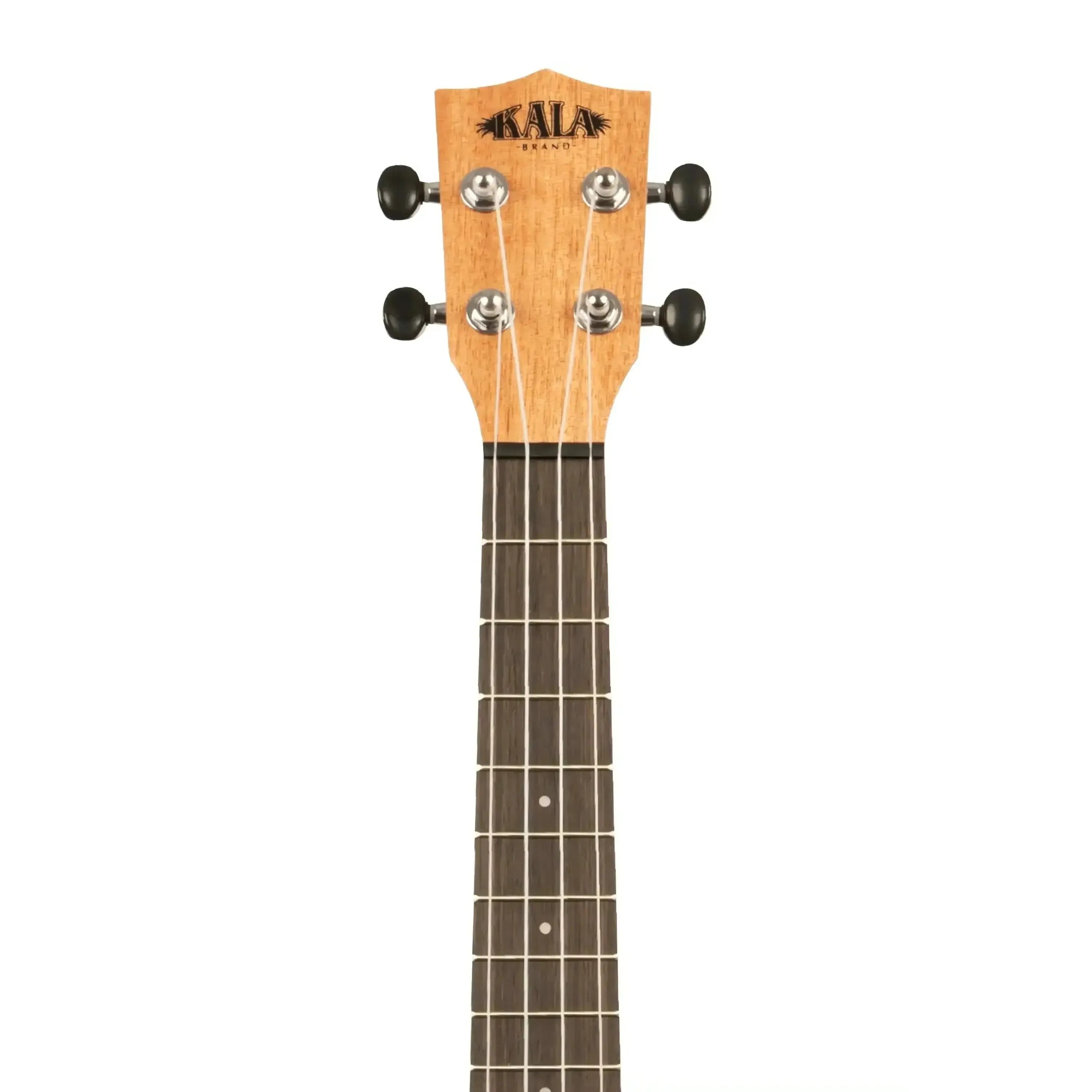 Kala Exotic Mahogany Tenor Ukulele headstock and neck with black tuners and rosewood fingerboard.