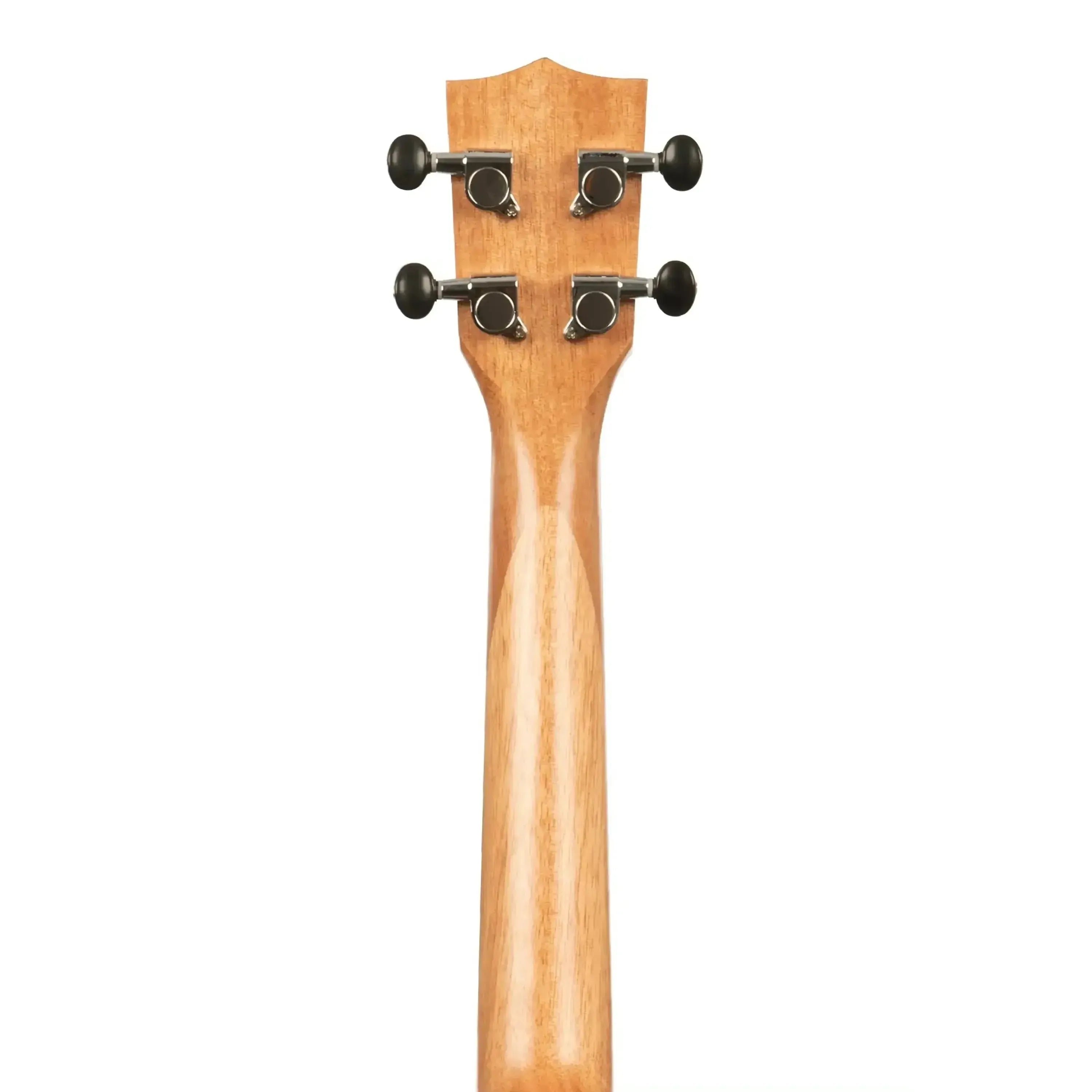 Kala TEM Exotic Mahogany Tenor Ukulele headstock and neck with black tuning pegs.