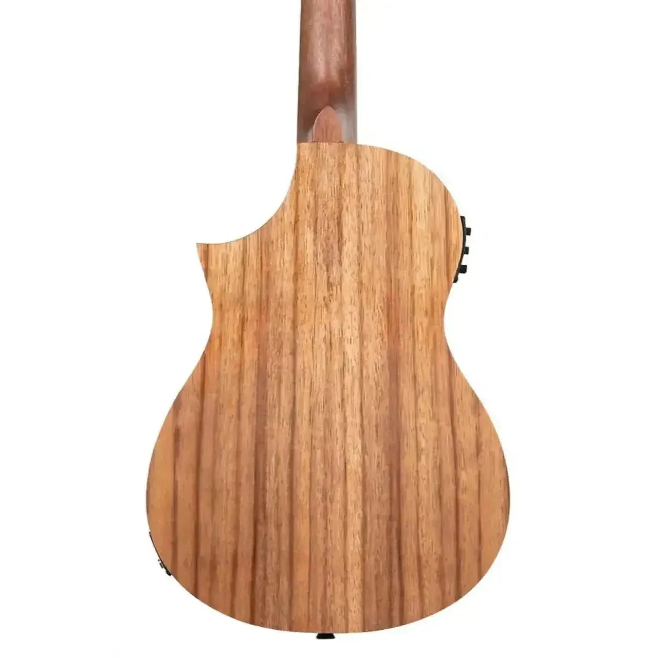 Kala TK-B-CE Teak Tri-Top Baritone Ukulele back with natural wood grain and cutaway.