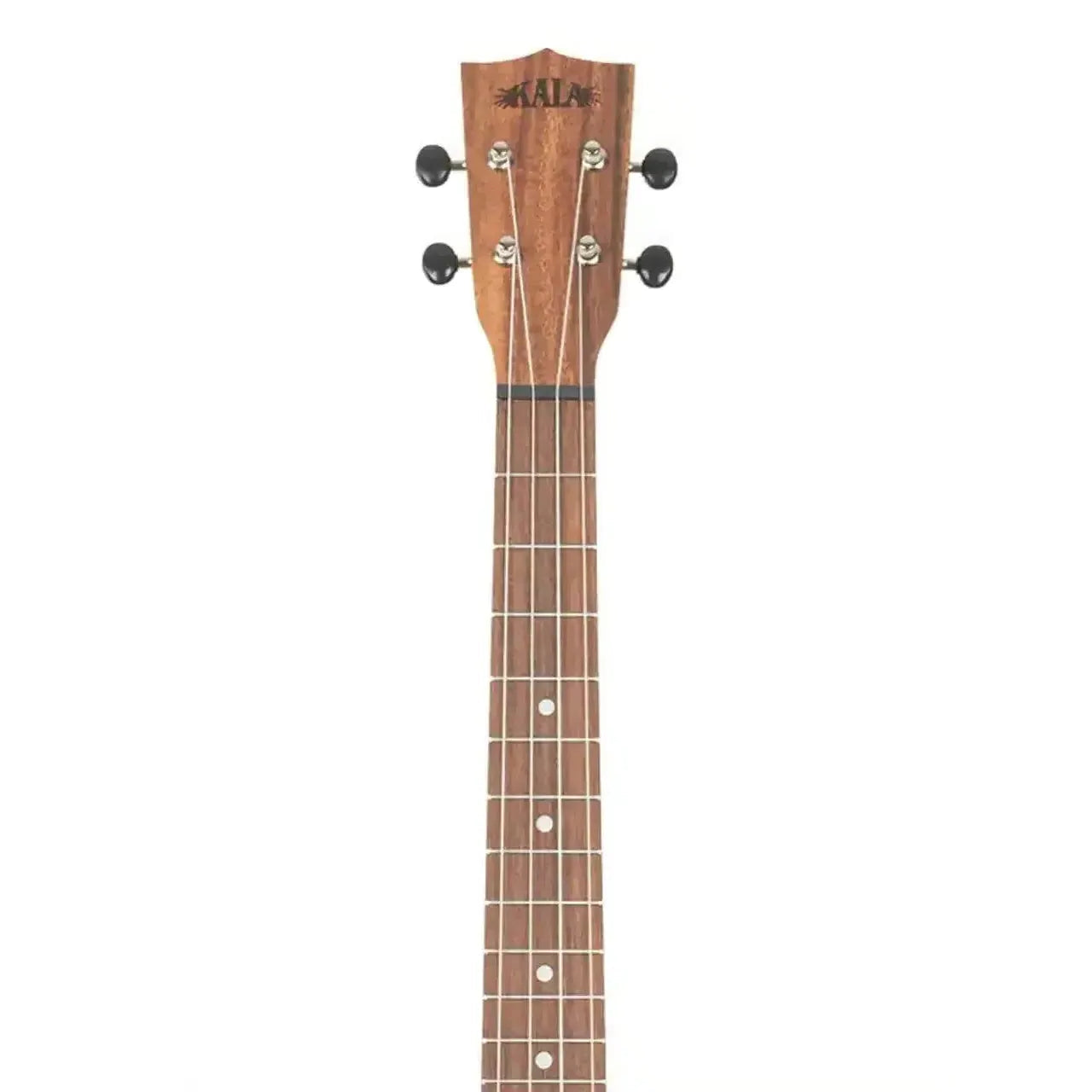Kala TK-B-CE Teak Tri-Top Baritone Ukulele headstock and fretboard with open-geared tuners.