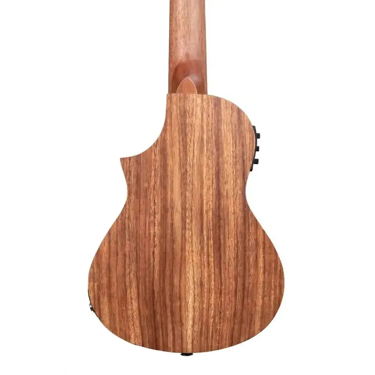 Back of a Kala TK-C-CE Teak Tri-Top Concert Ukulele with a Florentine cutaway and natural wood grain.