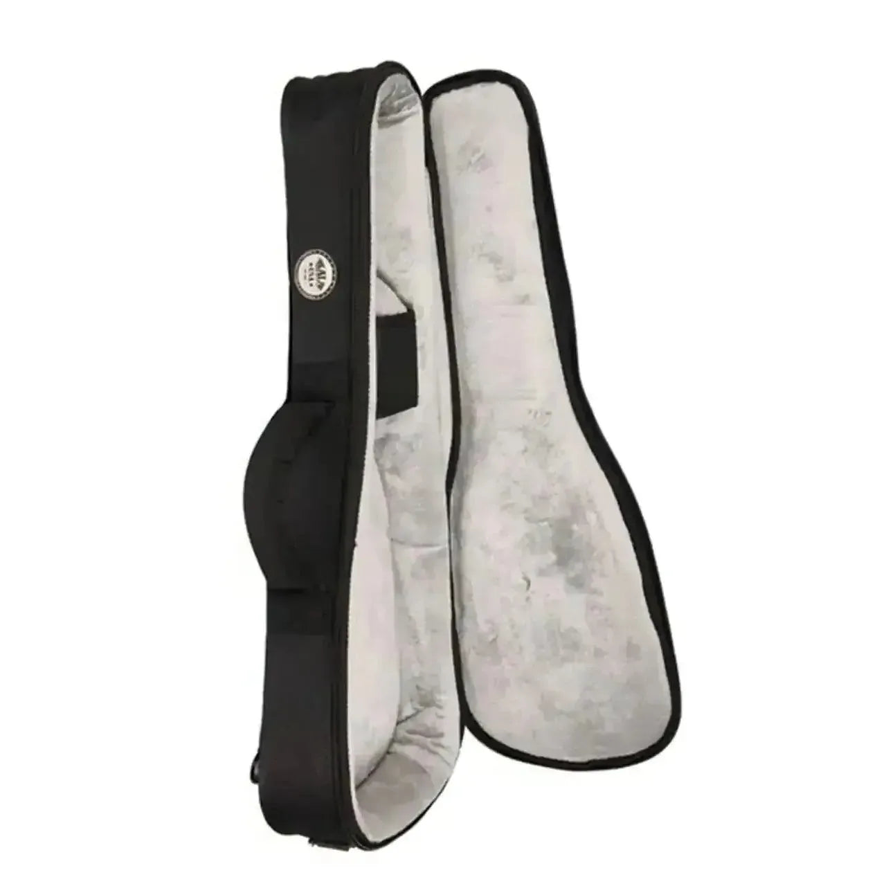 Kala TSUB-B Transit Series black baritone ukulele case, open to show plush padded interior.