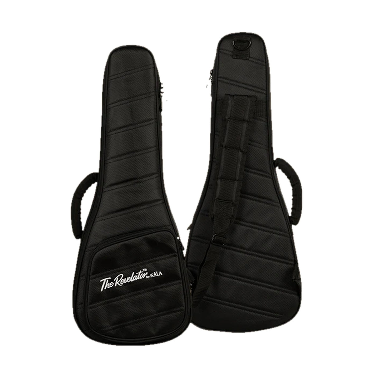 Kala Revelator Transit Series black padded slimline tenor ukulele gig bag, front with Revelator logo pocket and back with shoulder strap and side handle.