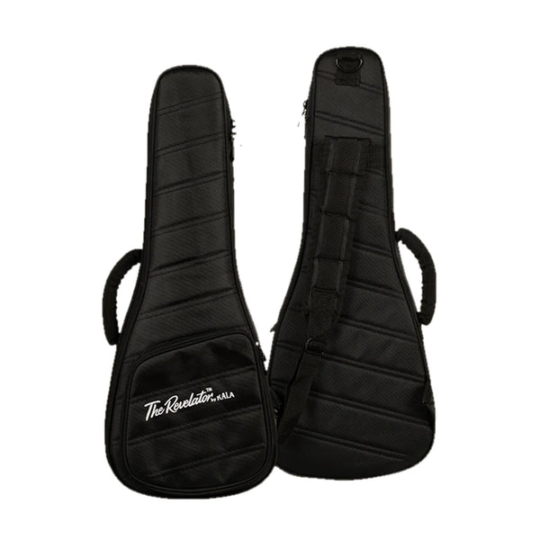 Kala Revelator Transit Series black padded slimline tenor ukulele gig bag, front with Revelator logo pocket and back with shoulder strap and side handle.