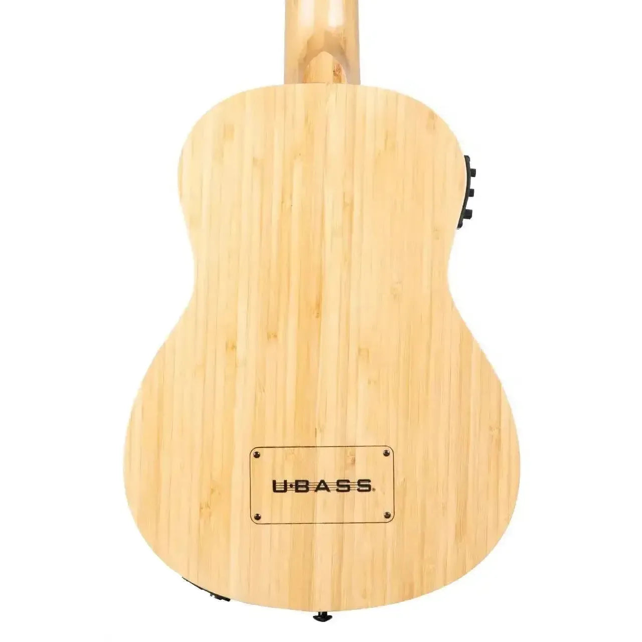 Kala UBASS-BMB-FS Solid Bamboo U•BASS, back view showing light wood grain and "U•BASS" battery cover.