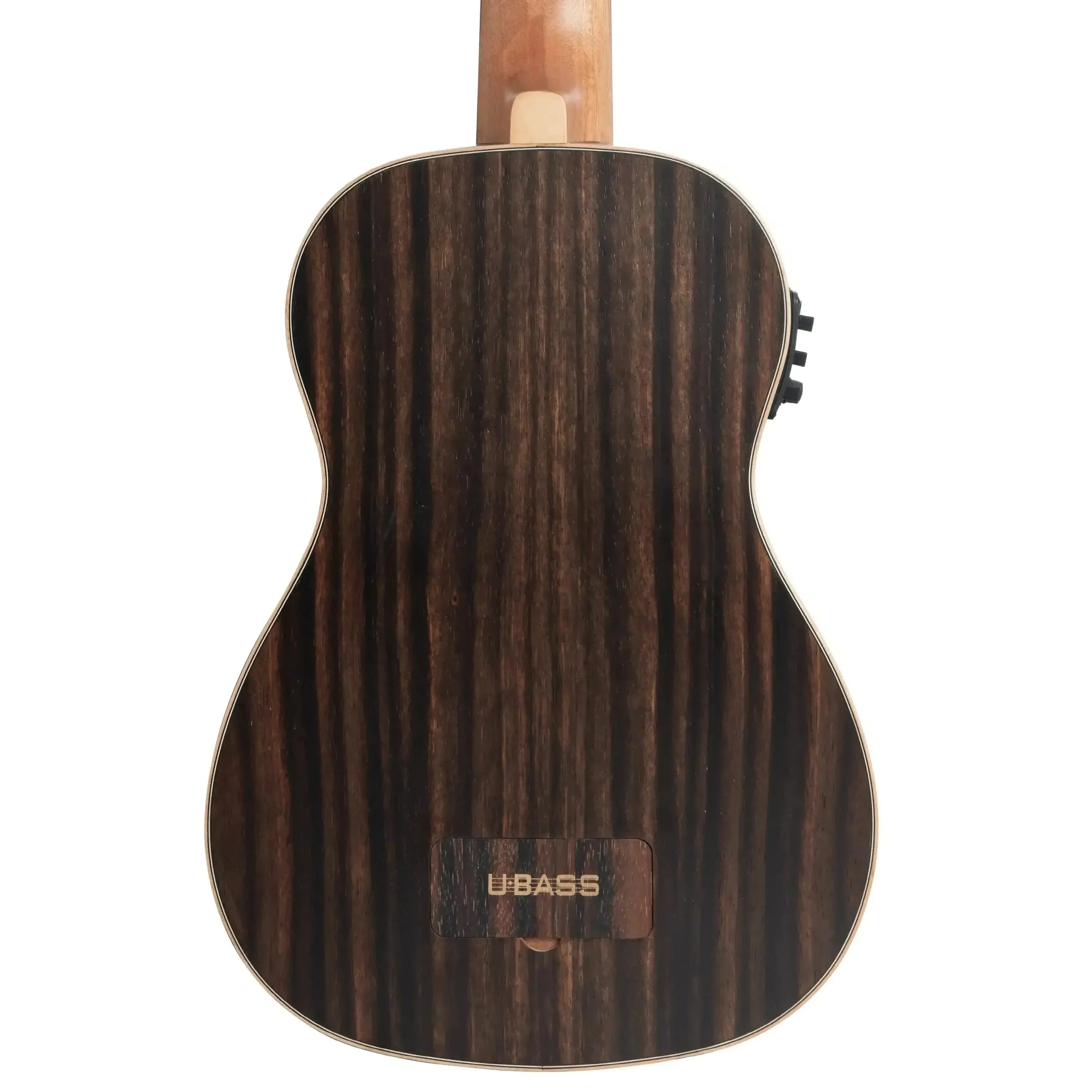 Kala Striped Ebony Fretless Acoustic-Electric U•BASS back with "U•BASS" logo and electronics.