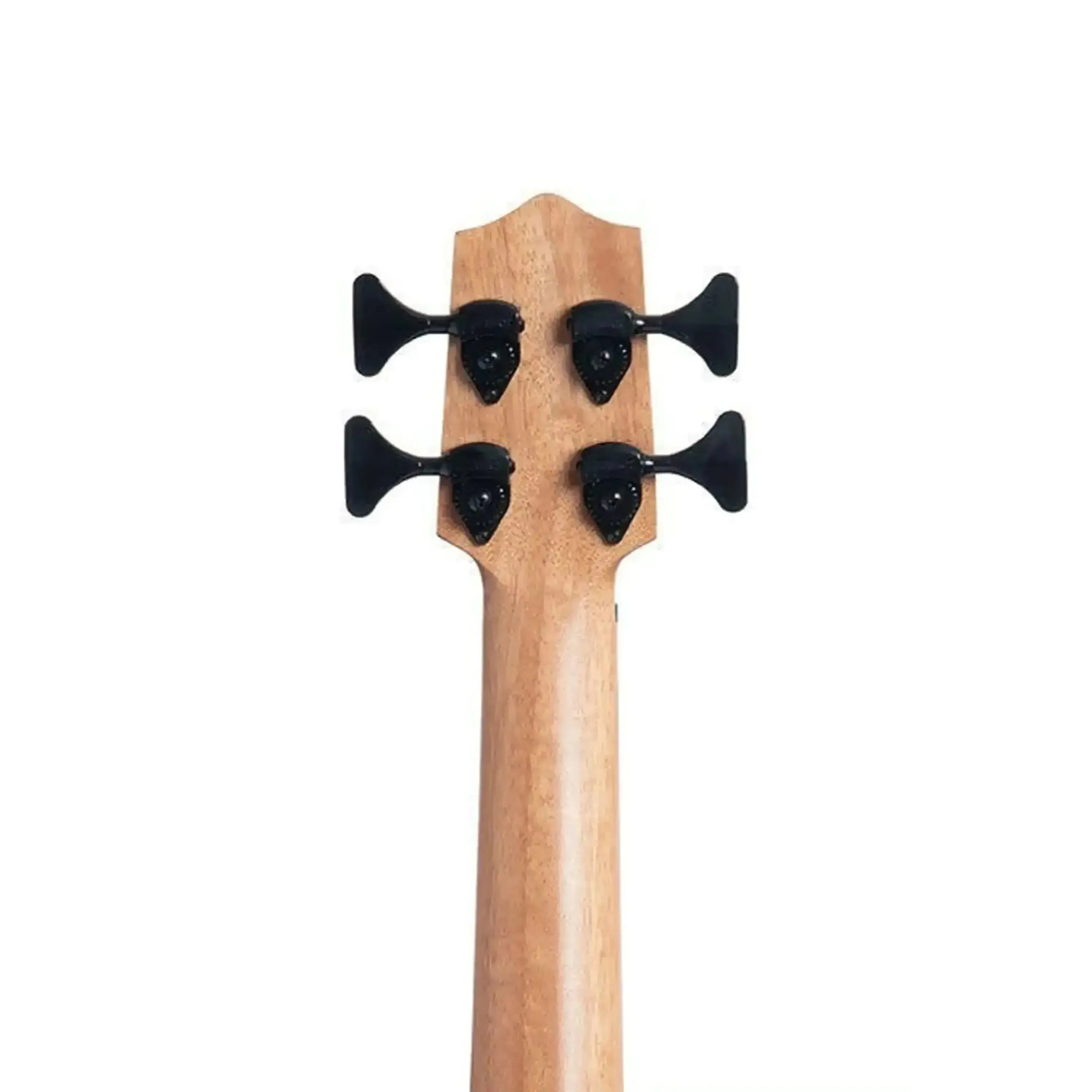 Back of Kala U•BASS headstock with mahogany neck and black Hipshot Ultralite tuners.