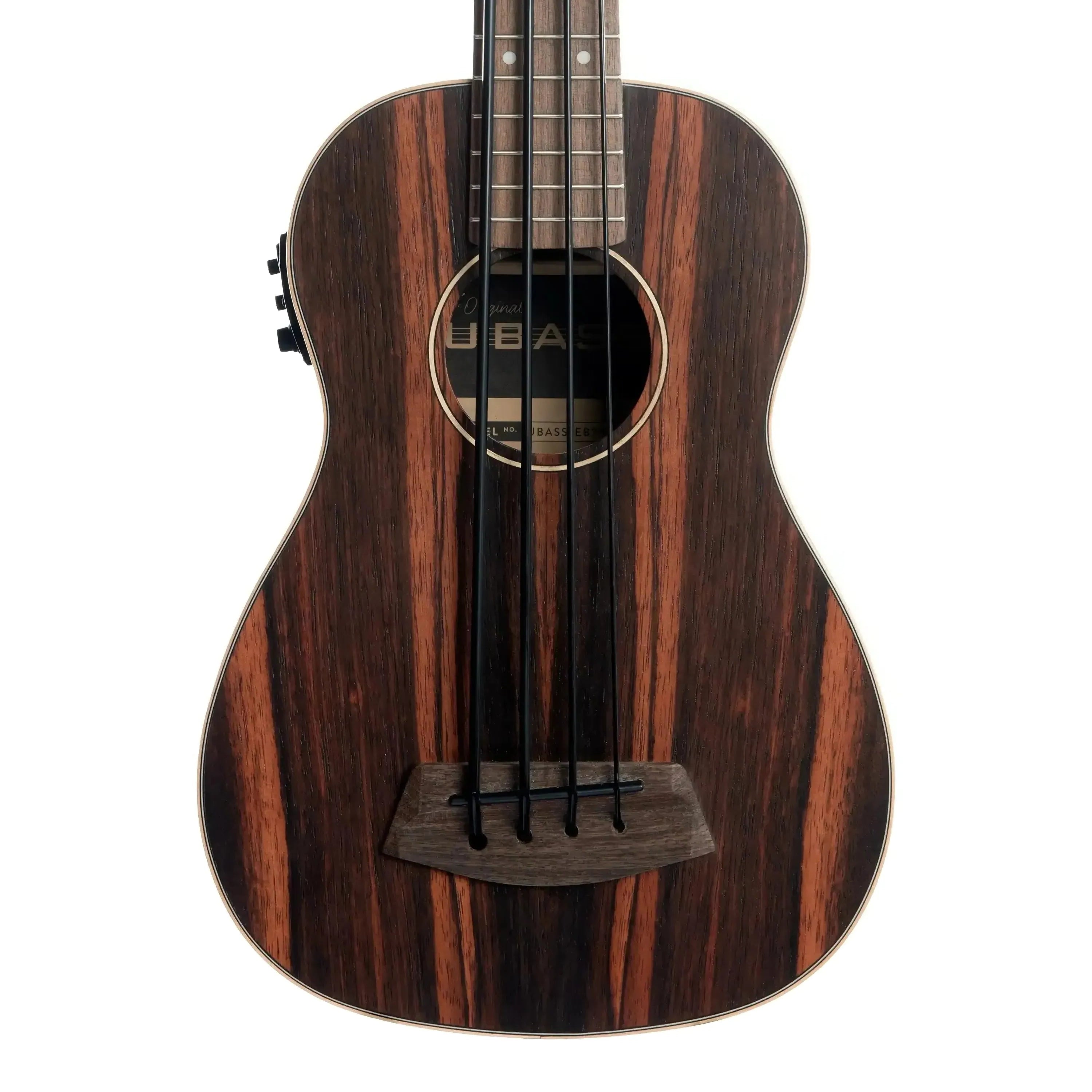 Kala Striped Ebony Fretted Acoustic-Electric U•BASS with dark wood grain and black rubber strings.