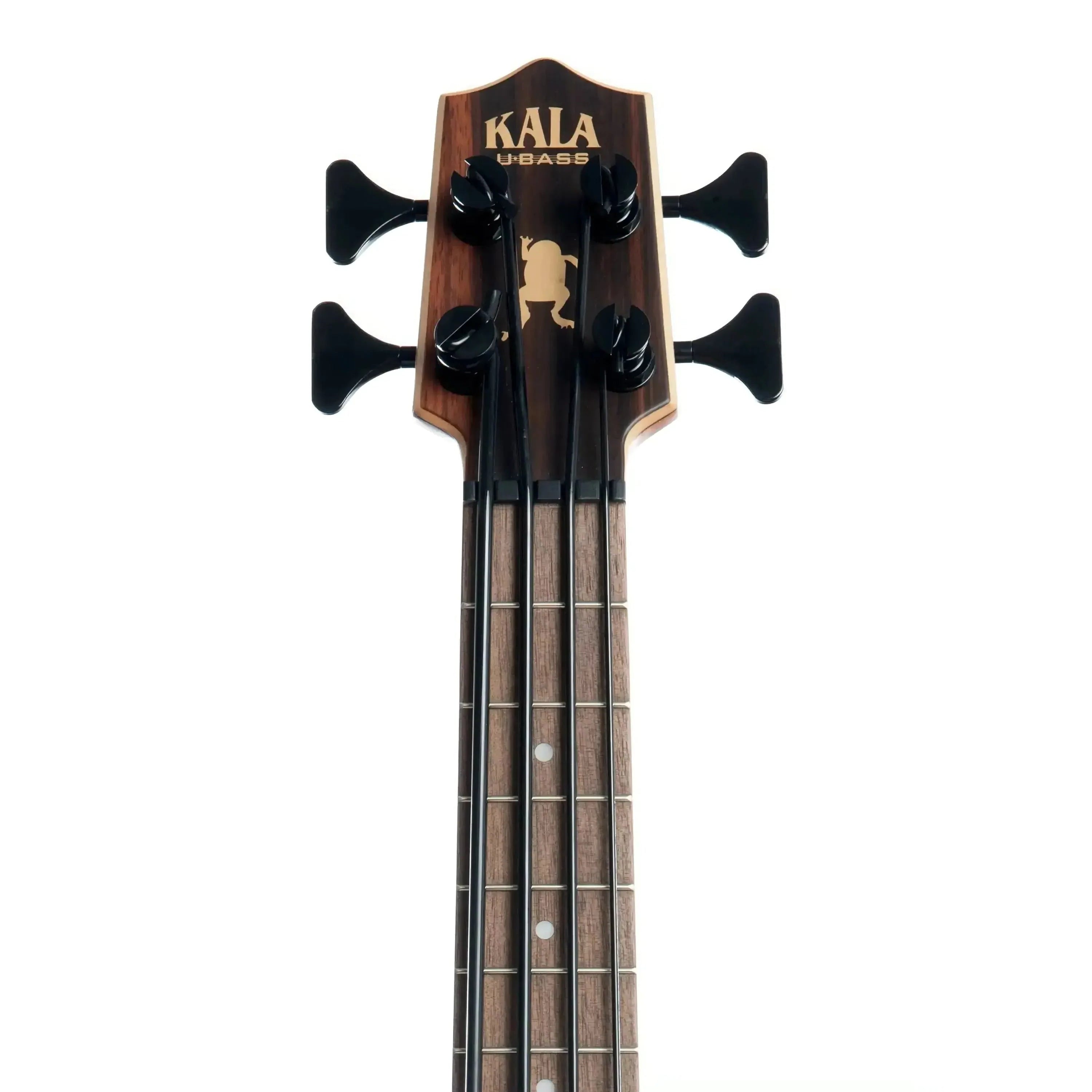 Kala U•BASS headstock with dark wood, gold logo, frog inlay, and black tuners.