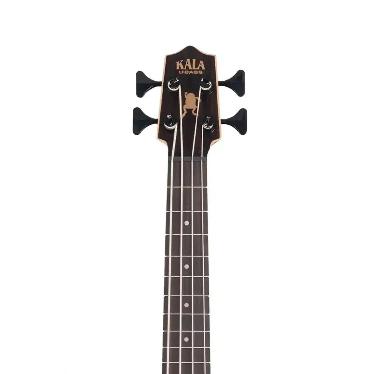 Kala U•BASS headstock with dark wood finish, black tuners, and a gold frog logo.