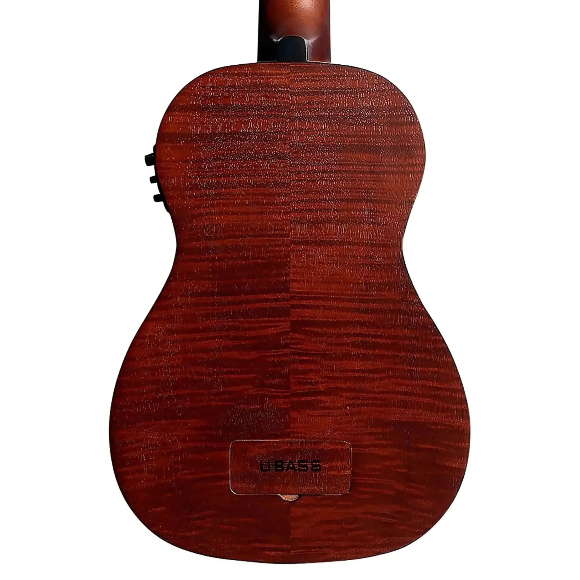 Back of a Kala Left-Handed Acoustic-Electric U•BASS, showing its exotic mahogany body with a satin finish.