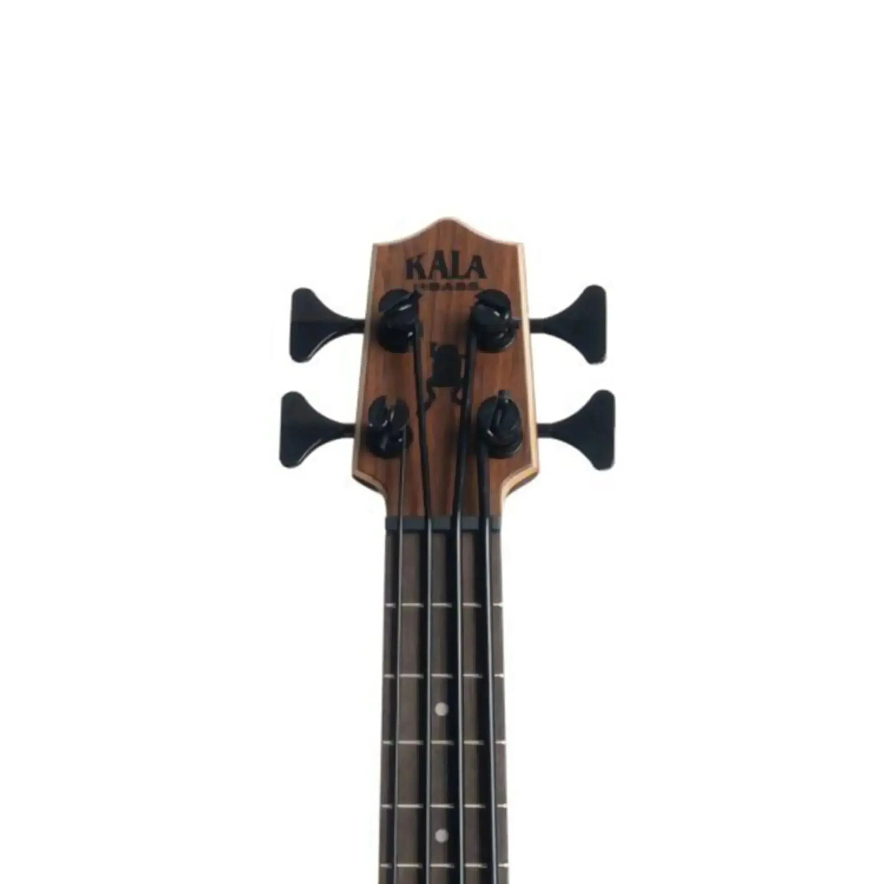Kala Left-Handed Acoustic-Electric U•BASS headstock with mahogany finish, black tuners, and rosewood fingerboard.