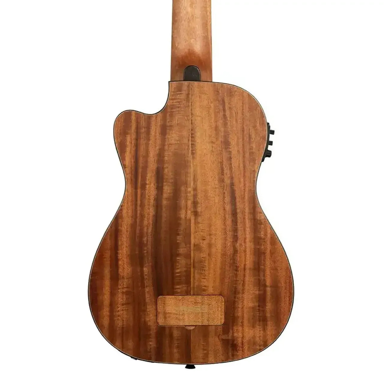 Back of a Kala Hutch Hutchinson Signature U•BASS, showcasing its solid Hawaiian koa wood grain and satin finish.