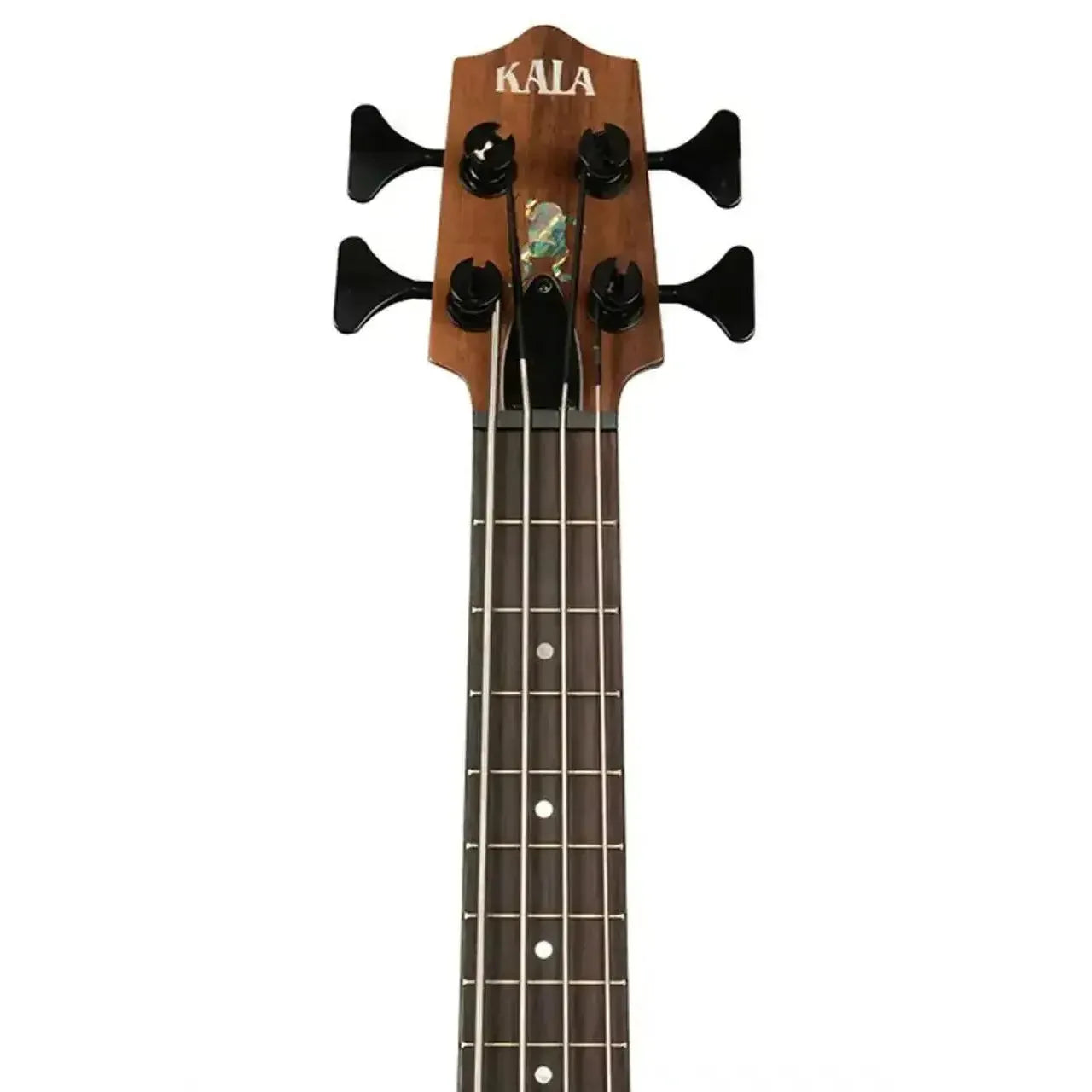 Kala UBASS-HH-KOA-FS U•BASS headstock with dark wood, black tuners, and abalone inlay.
