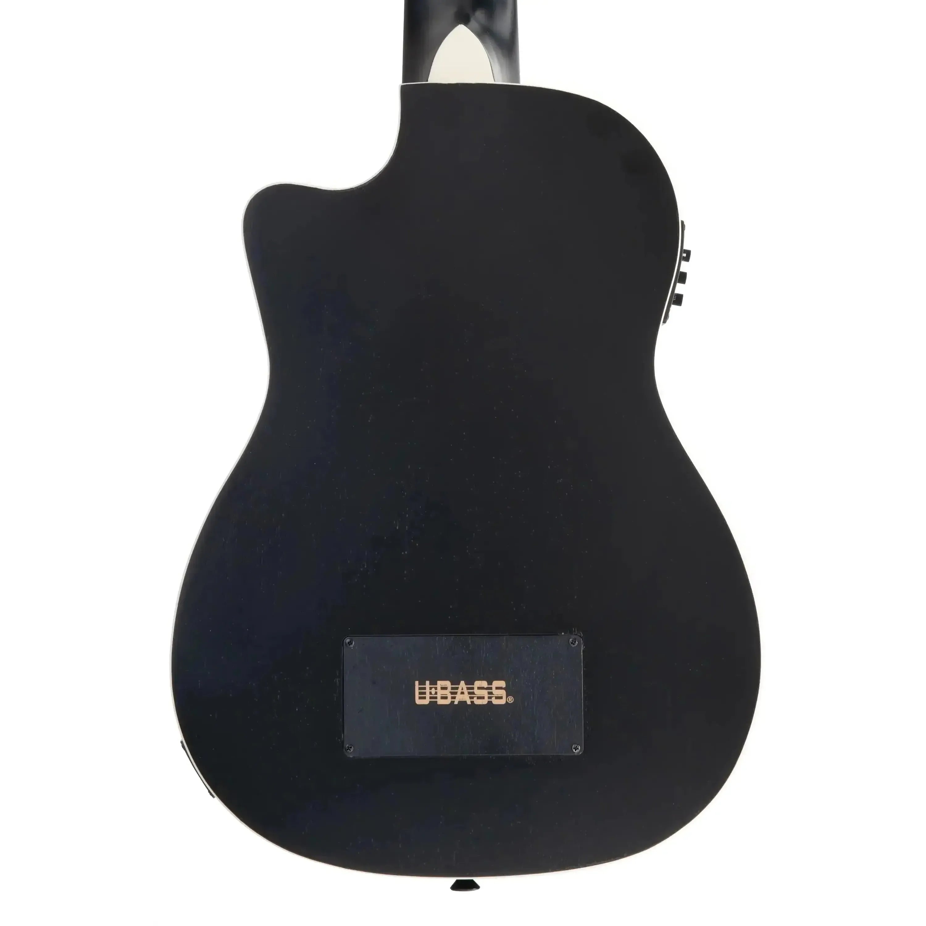 Kala Black Mahogany Acoustic-Electric U•BASS back with cream binding and U•BASS branded electronics cover.