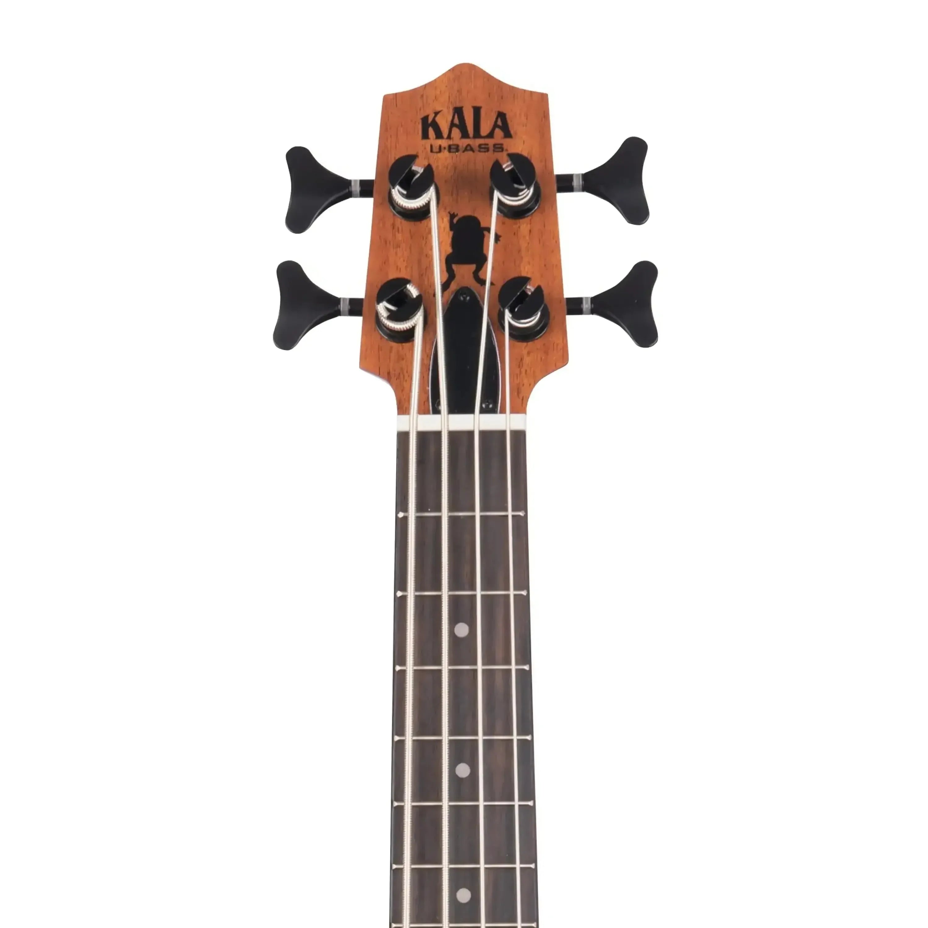 Kala Journeyman U-BASS headstock with custom black die-cast tuners, mahogany finish, and rosewood fingerboard.