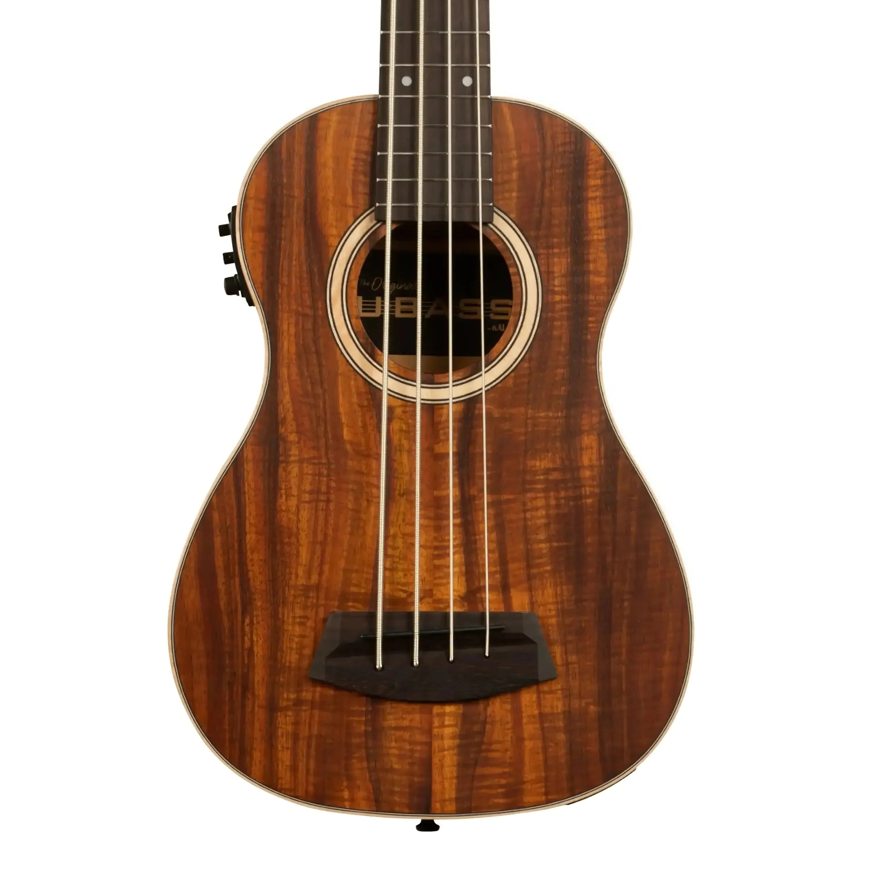 Kala UBASS-KOA-FS acoustic-electric U•BASS with solid Hawaiian koa top, satin finish, and maple binding.