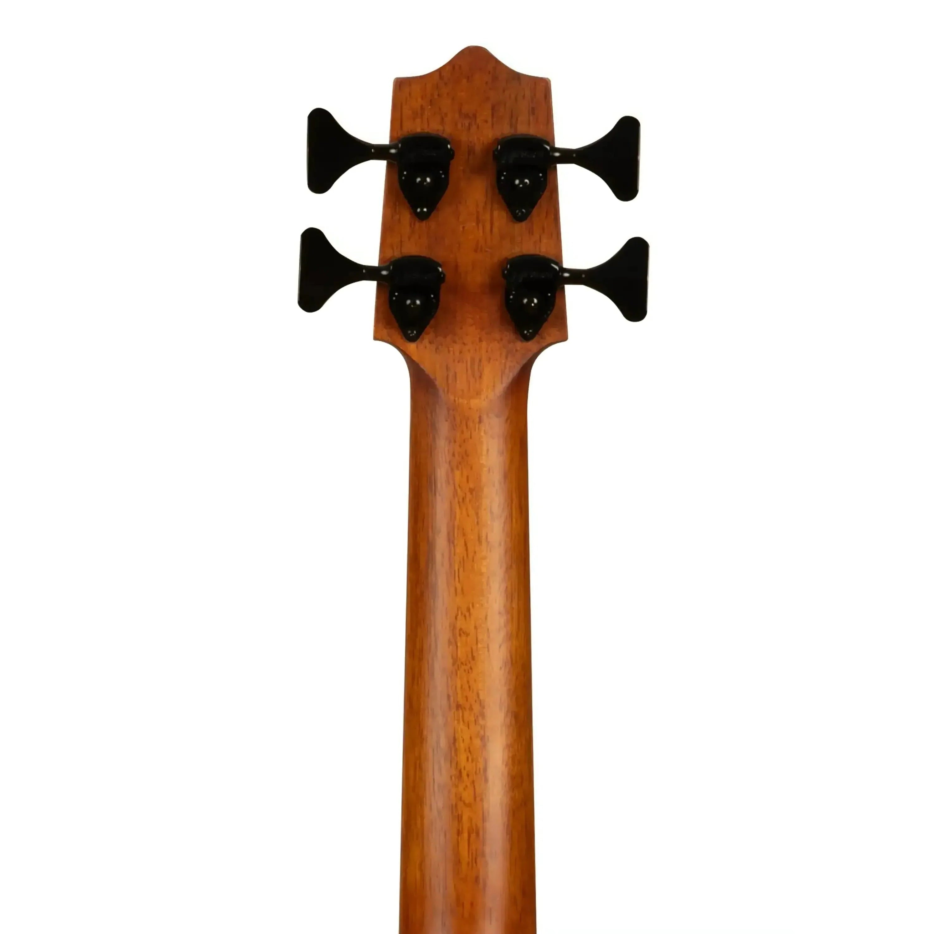 Back of Kala U•BASS headstock and mahogany neck with four black Hipshot Ultralite tuners.