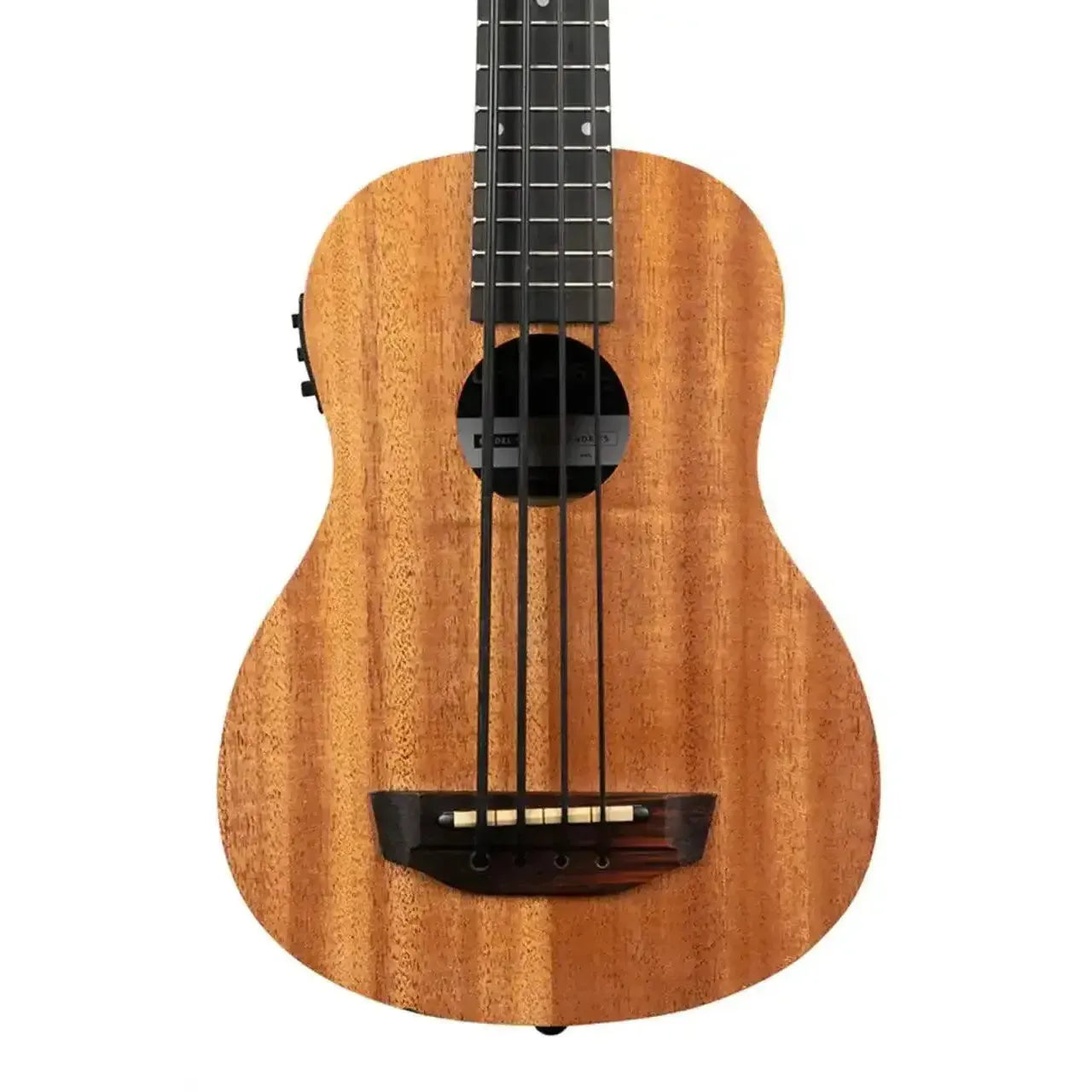 Kala UBASS-NOMAD-FS mahogany acoustic electric U•BASS with black fretboard and strings.