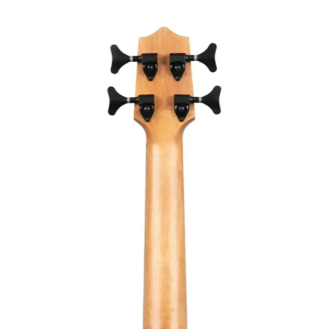 Back of Kala U•BASS headstock and neck with black die-cast tuners on light mahogany wood.