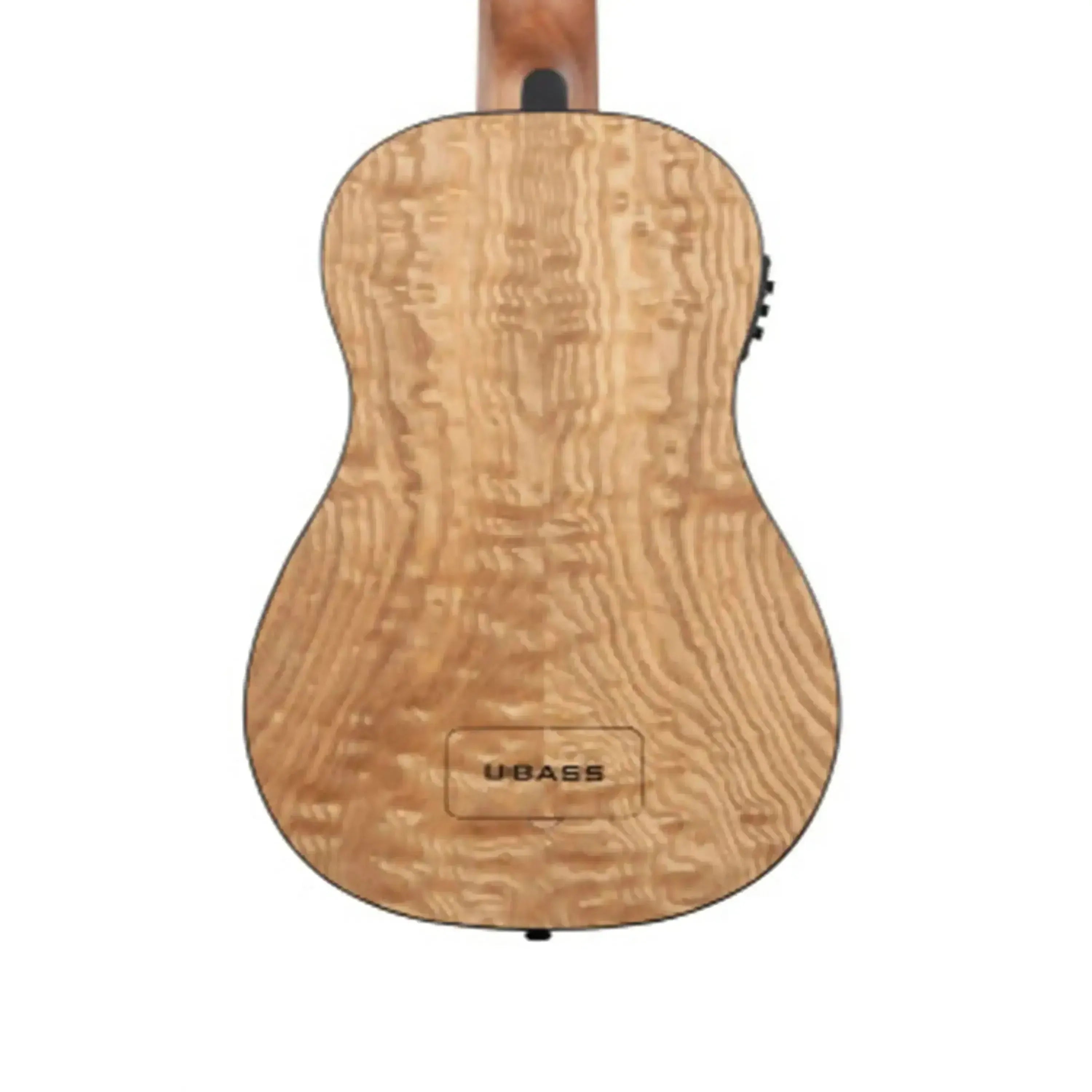 Back of Kala Quilted Ash Acoustic-Electric U•BASS, showing light wood grain and "UBASS" battery cover.