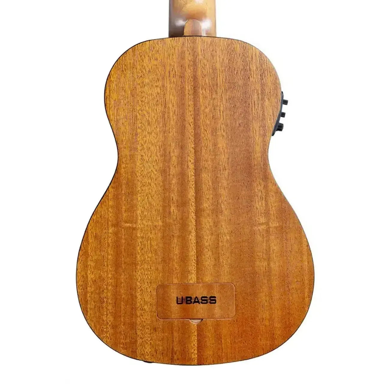 Kala Rumbler U•BASS back, mahogany wood grain, with "UBASS" battery compartment and Fishman EQ controls.