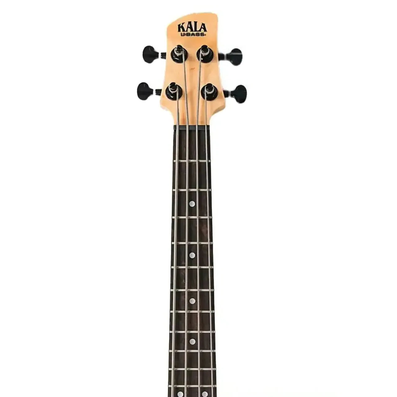 Kala U•BASS headstock and fretboard with black tuners and light wood finish.