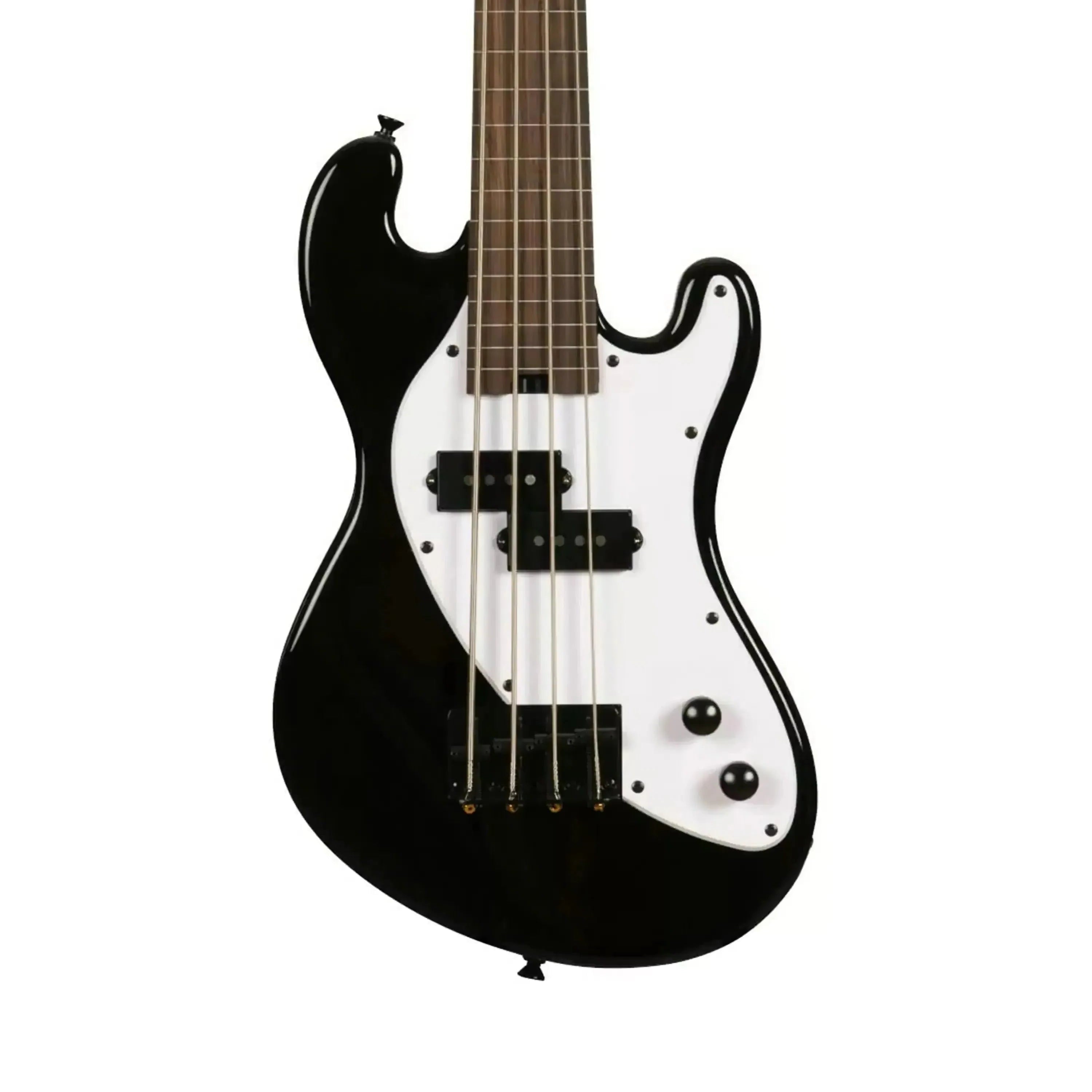 Kala Jet Black Solid Body Fretless U•BASS with white pickguard and passive split-coil pickup.