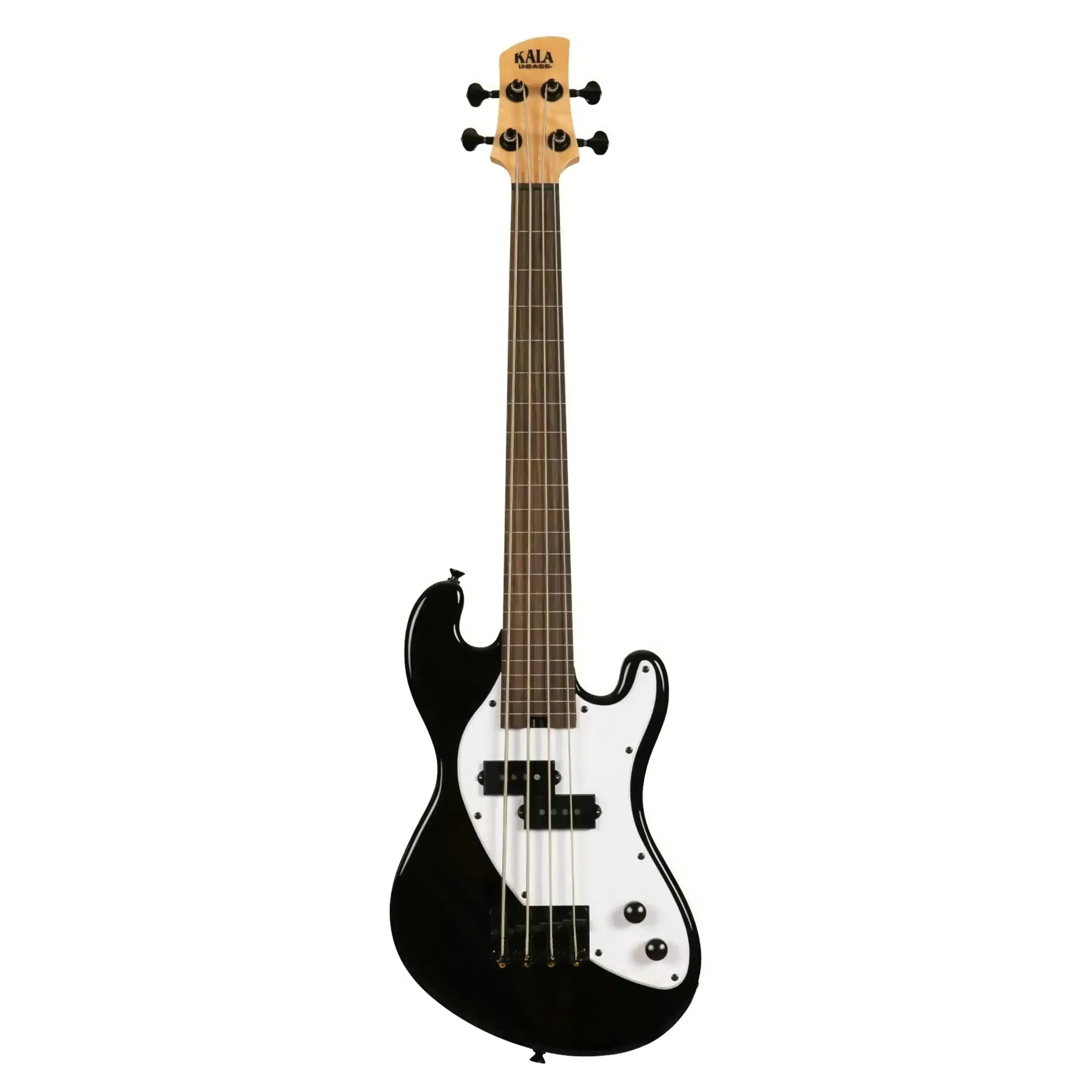 Kala Jet Black Solid Body Fretless U•BASS with white pickguard and maple neck.