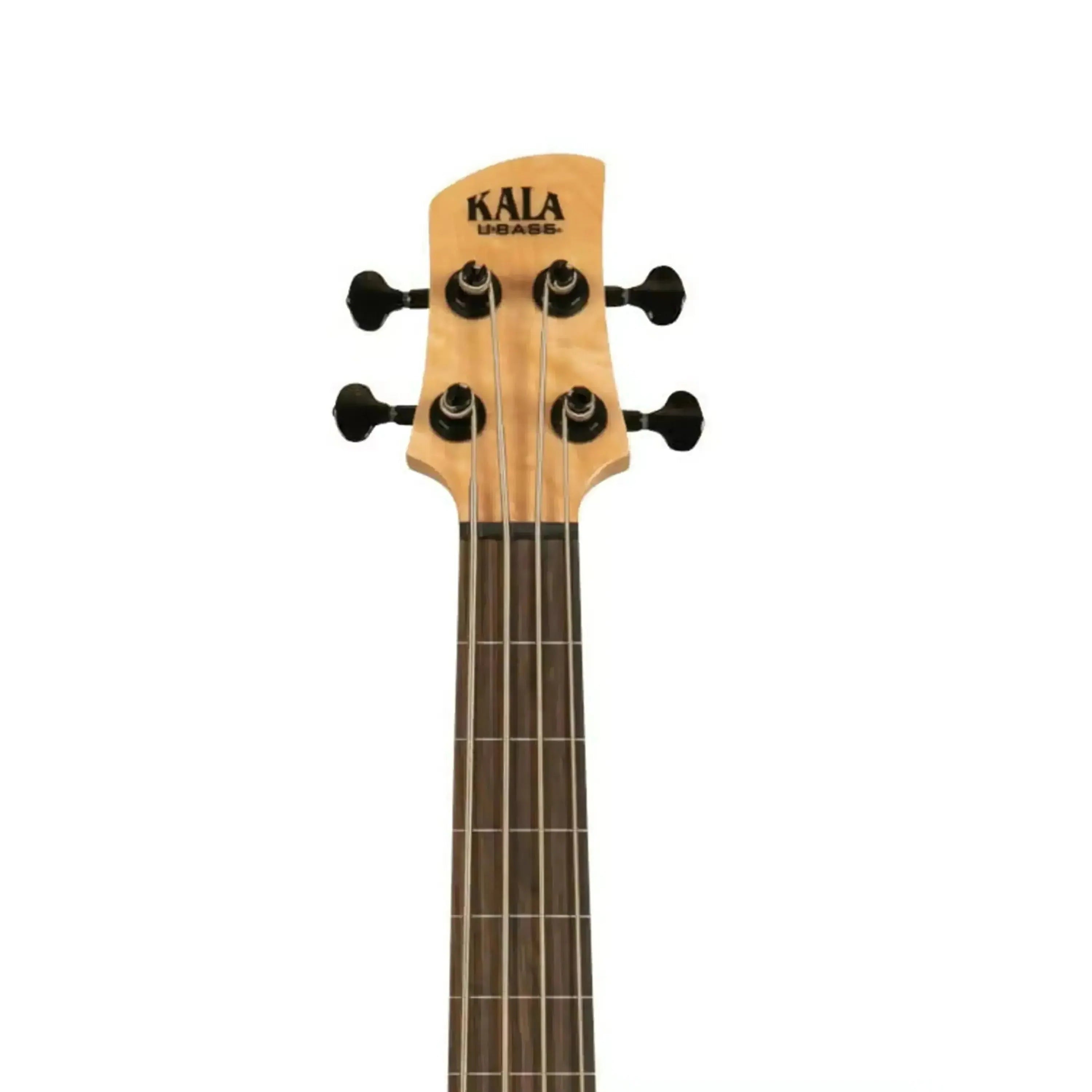 Kala U-BASS headstock with natural wood finish, black tuners, and fretless neck.