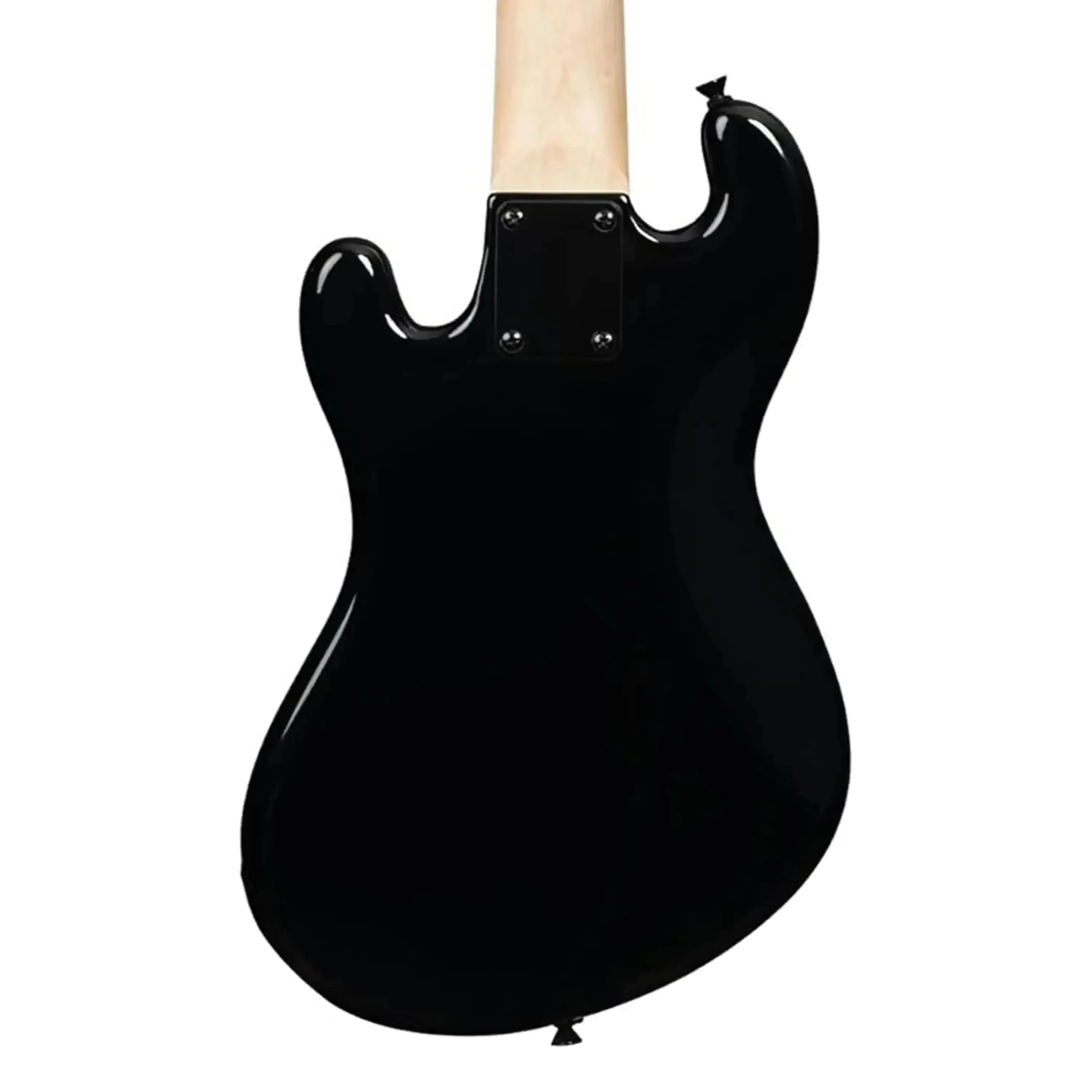 Back of a glossy jet black Kala Solid Body Fretted U•BASS with a light maple neck.