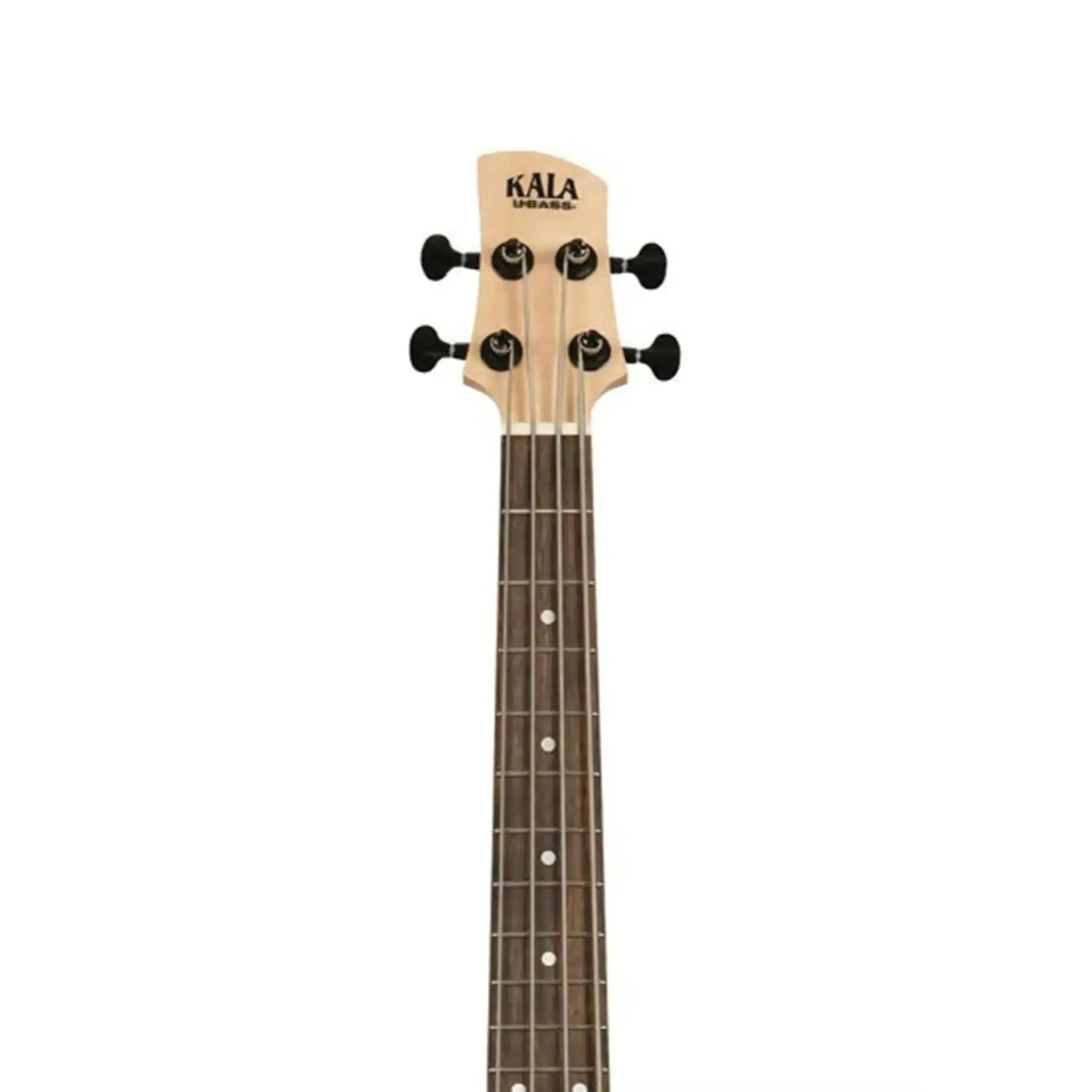 Kala U•BASS headstock and fretboard with light wood, black tuning pegs, and dark frets.