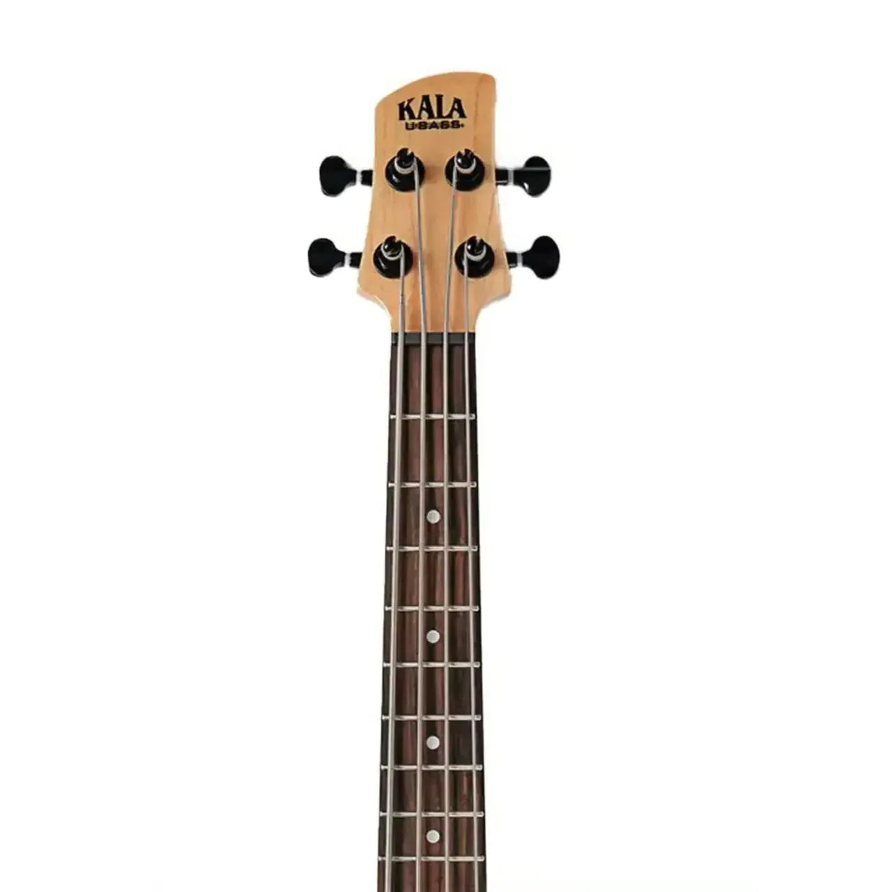 Kala U•BASS headstock and fretboard with black tuners and light wood finish.
