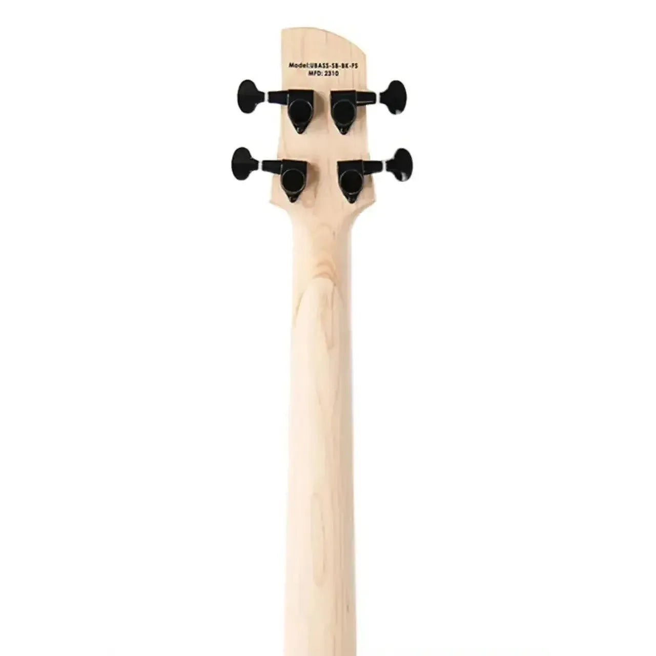 Back of Kala U•BASS maple neck with black closed-gear tuners and model number.