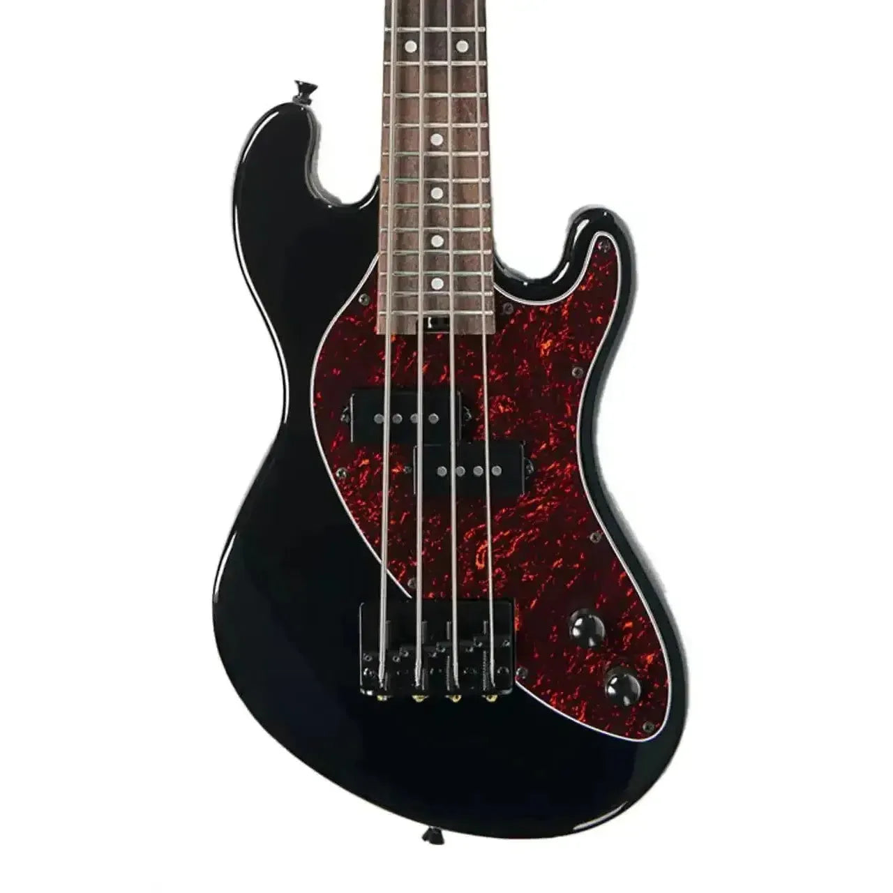 Kala Jet Black Solid Body Fretted U•BASS with tortoiseshell pickguard, passive split-coil pickup.