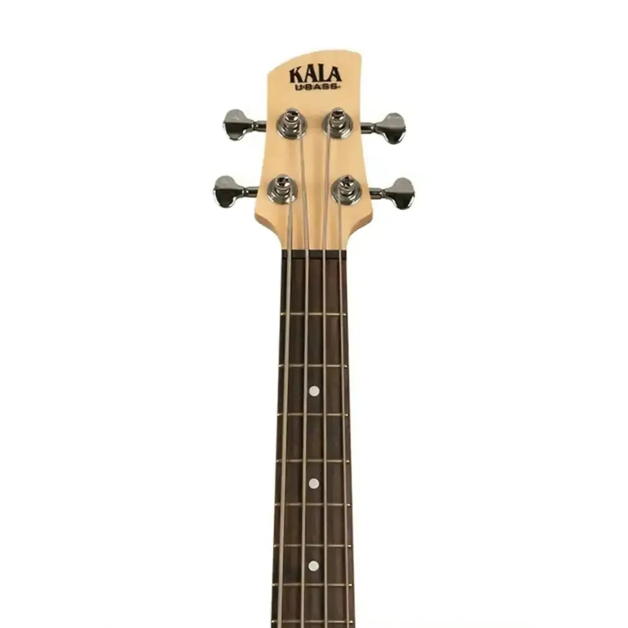 Kala U-Bass headstock and fretboard with black tuners and light wood finish.