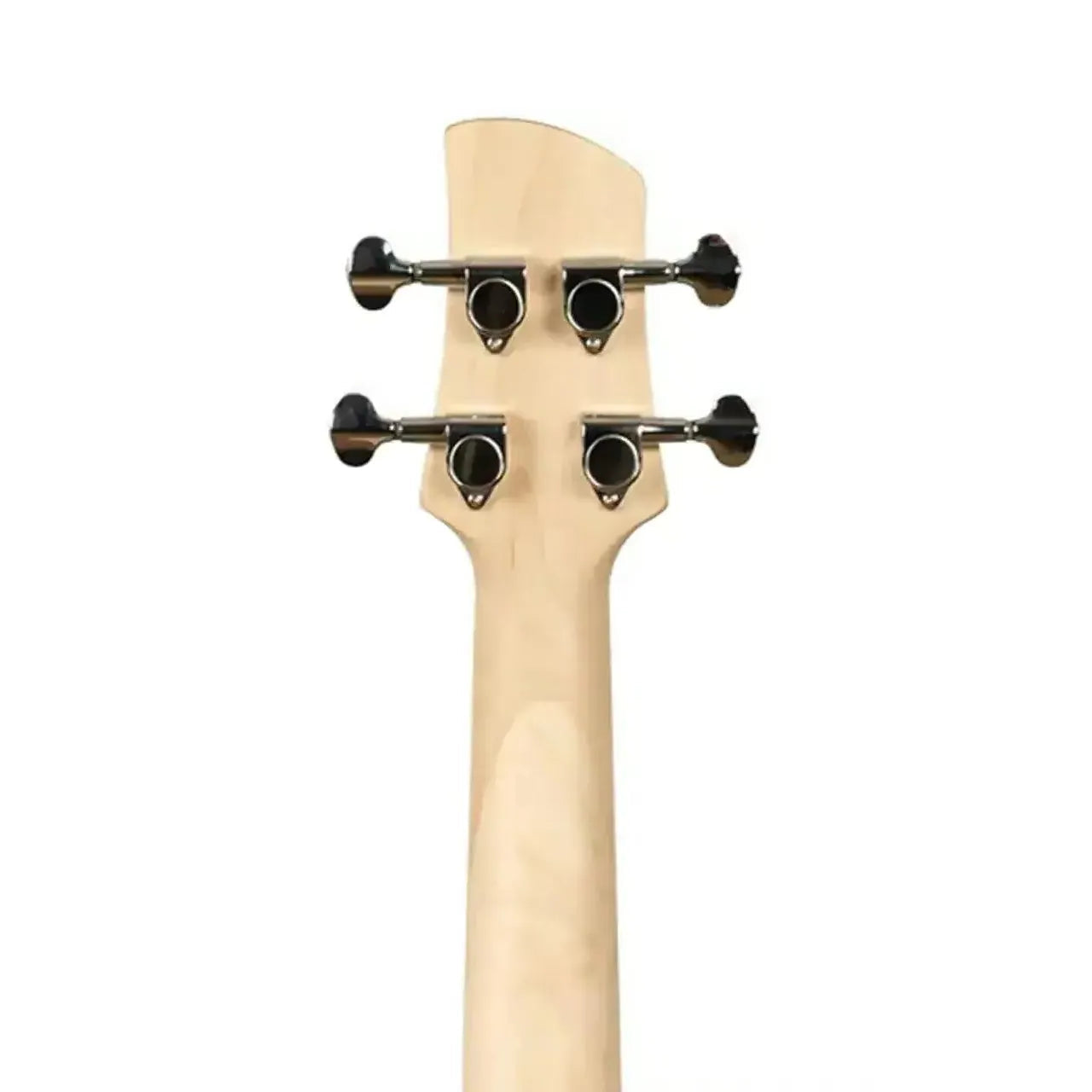 Back of a Kala U•BASS maple neck and headstock with four black closed gear tuners.