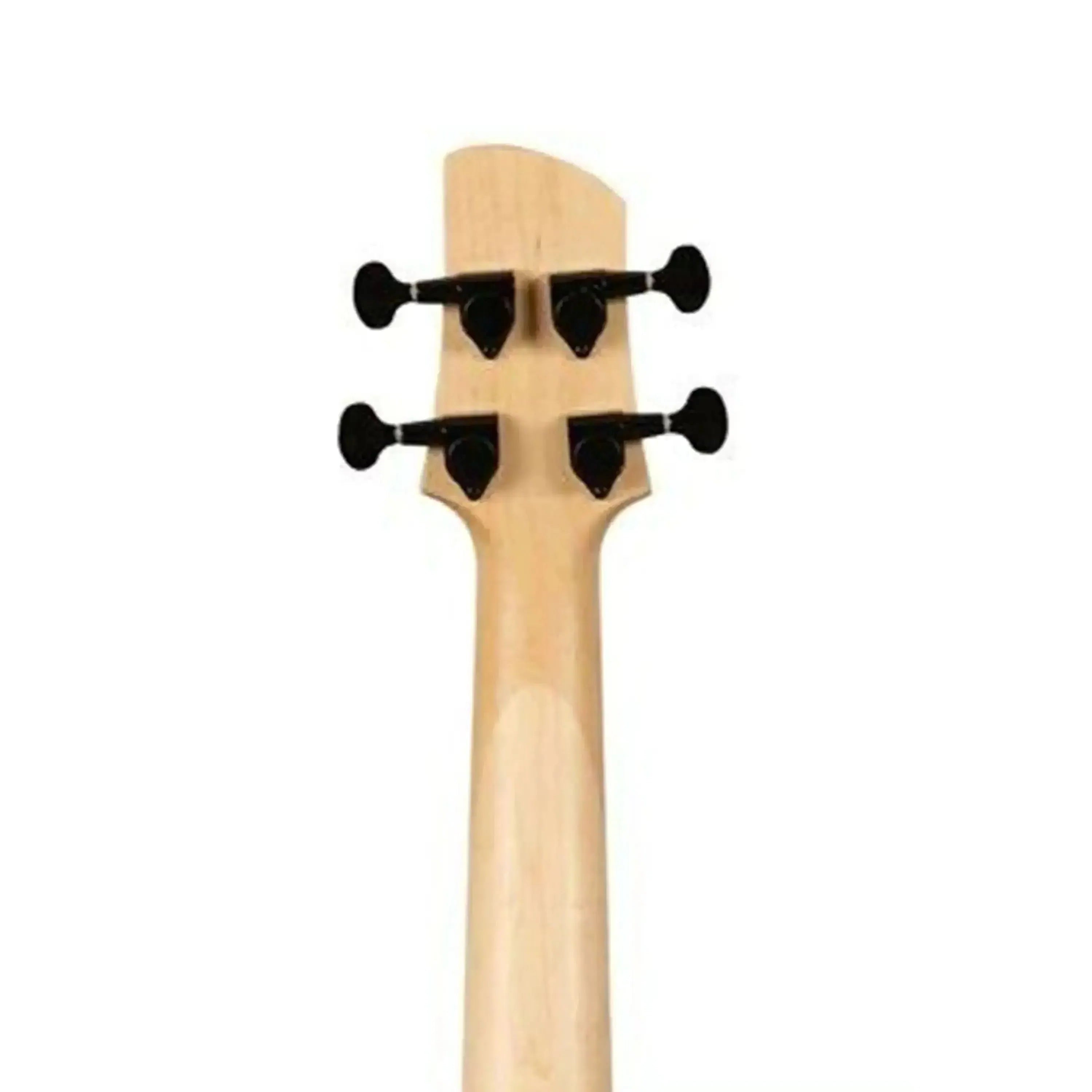 Back of Kala U•BASS headstock and neck, light wood with four black closed gear tuners.