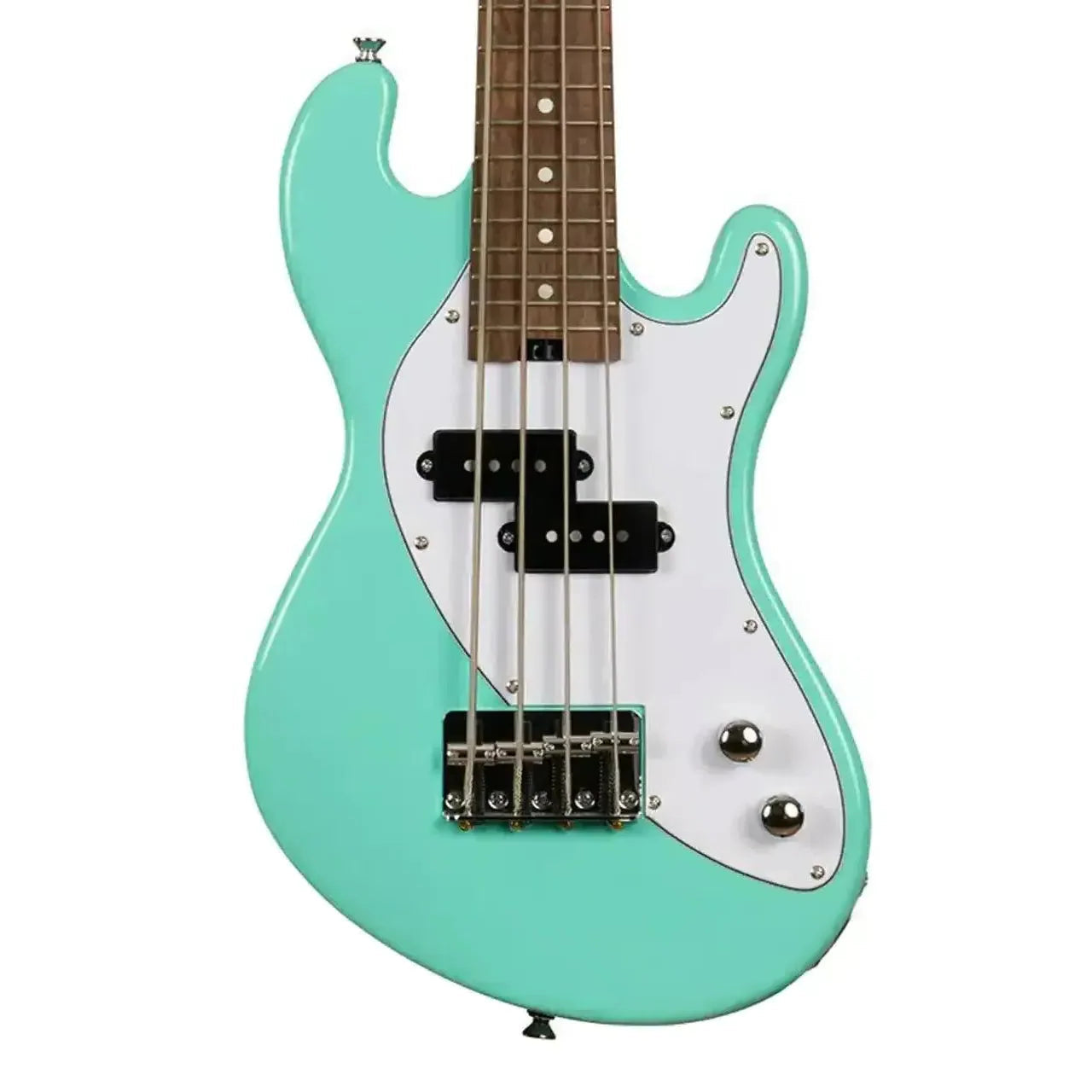 Kala U•BASS-SB-GN-FS solid body fretted U•BASS in Surf Green with white pickguard and black pickups.