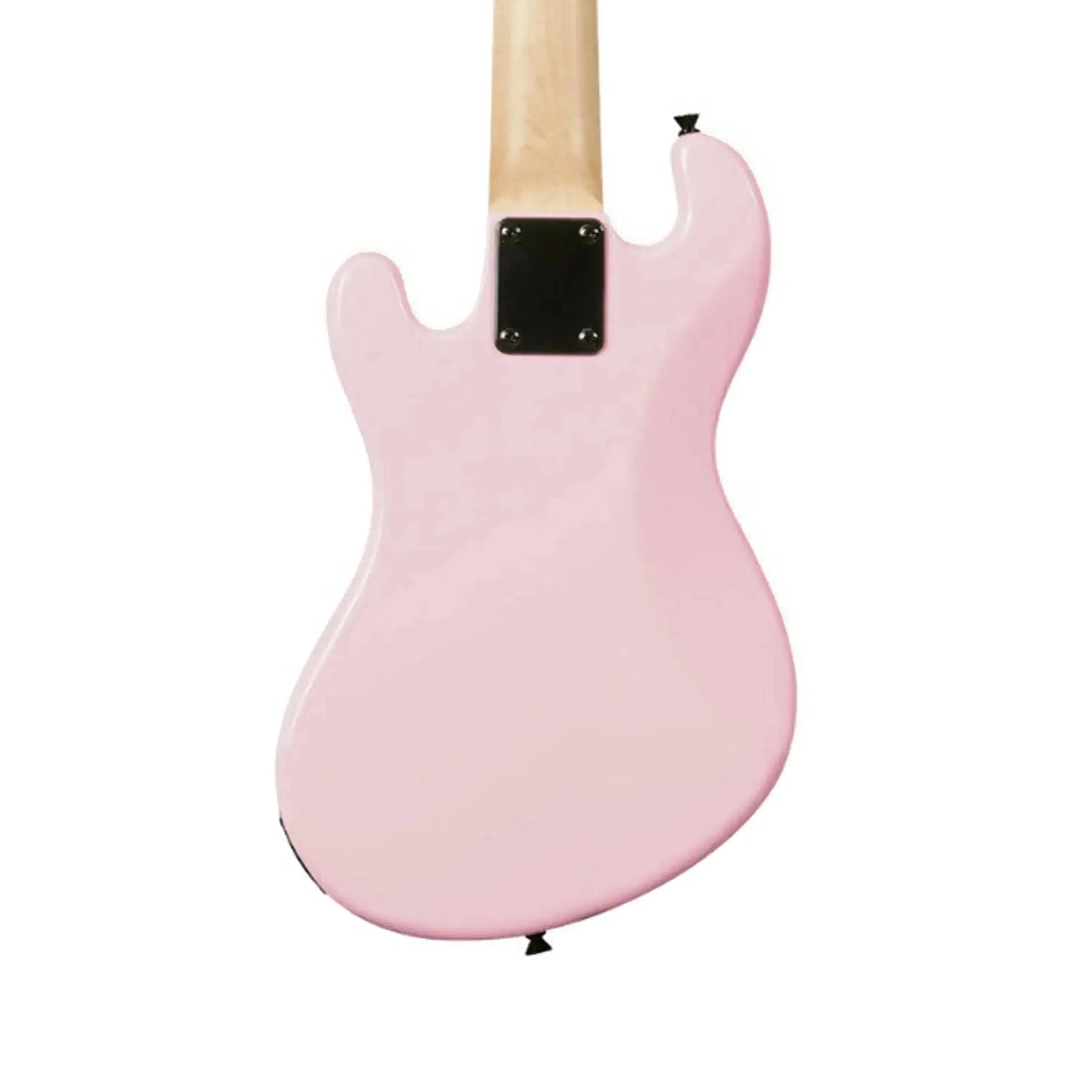 Back of a Kala Solid Body U•BASS in pale pink with a light wood neck and black plate.
